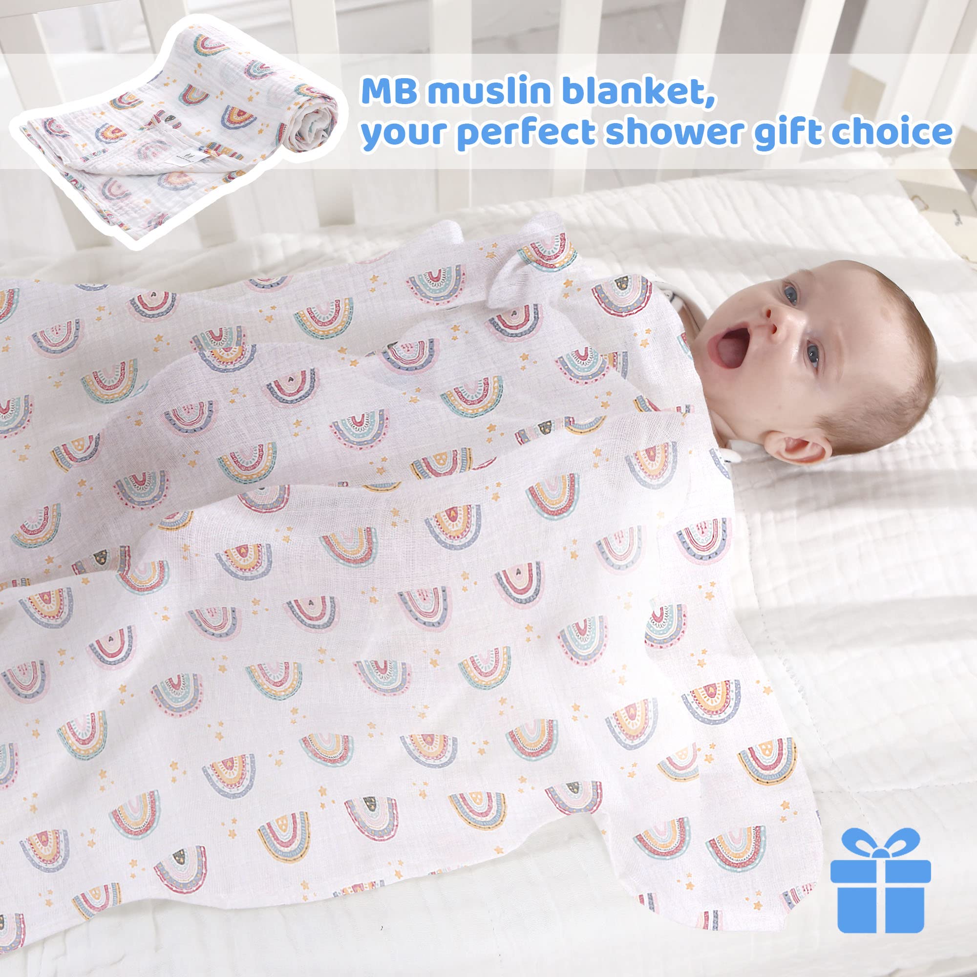 Miracle Baby Coperta di Mussola, 150x110cm Swaddle Cotone Estate, Coperta in 100% Cotone, Telo Bagno, Regalo per Bambini, Copertura per Allattamento Neonati Ovetto, Singolo Strato, Arcobaleno