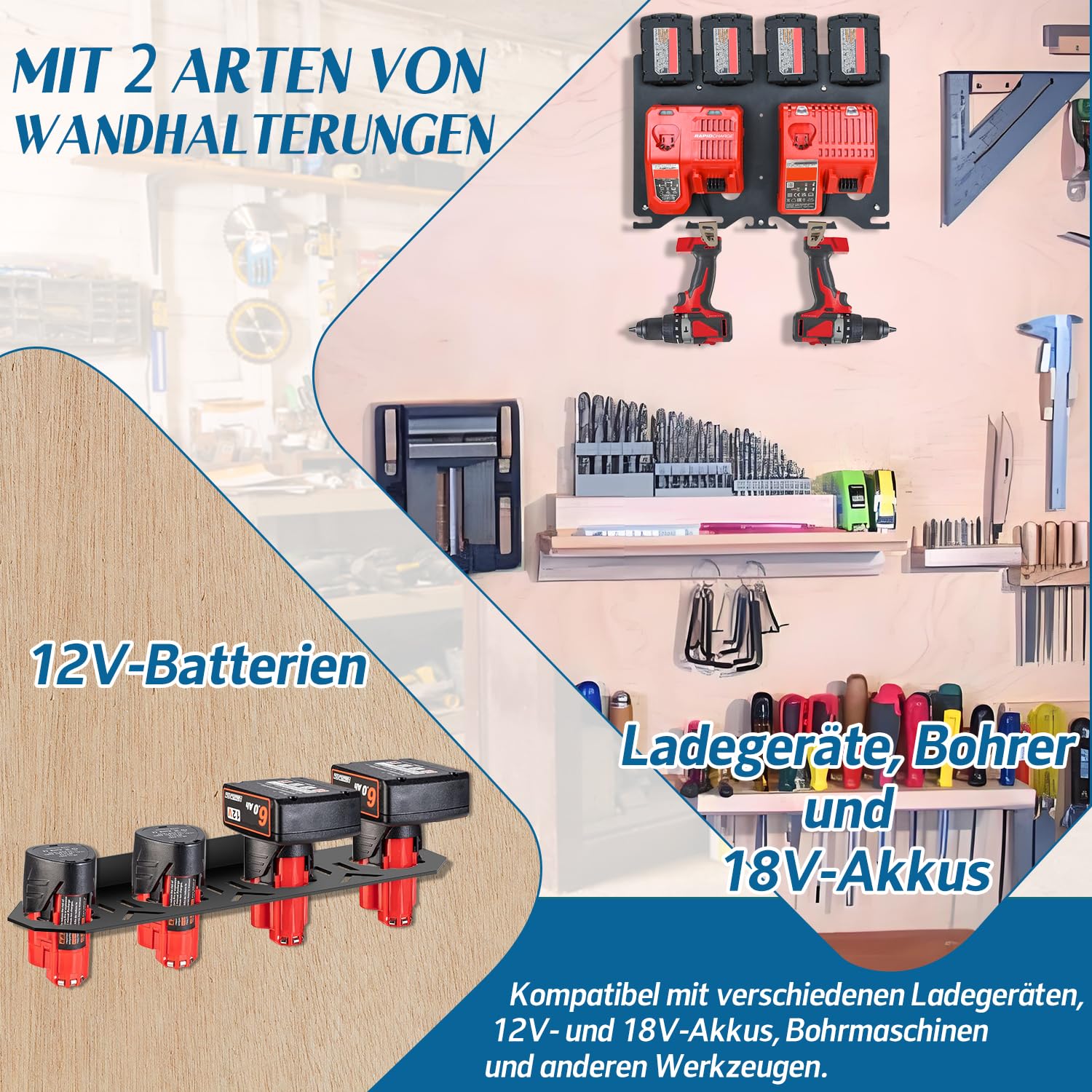 Soporte de pared de metal 3 en 1 para cargadores, baterías y taladros Milwaukee - Compatible con cargadores M12-18C/M12-18FC/M18 DFC - Soporte de batería para baterías Milwaukee M12 de 12 V y M18 de