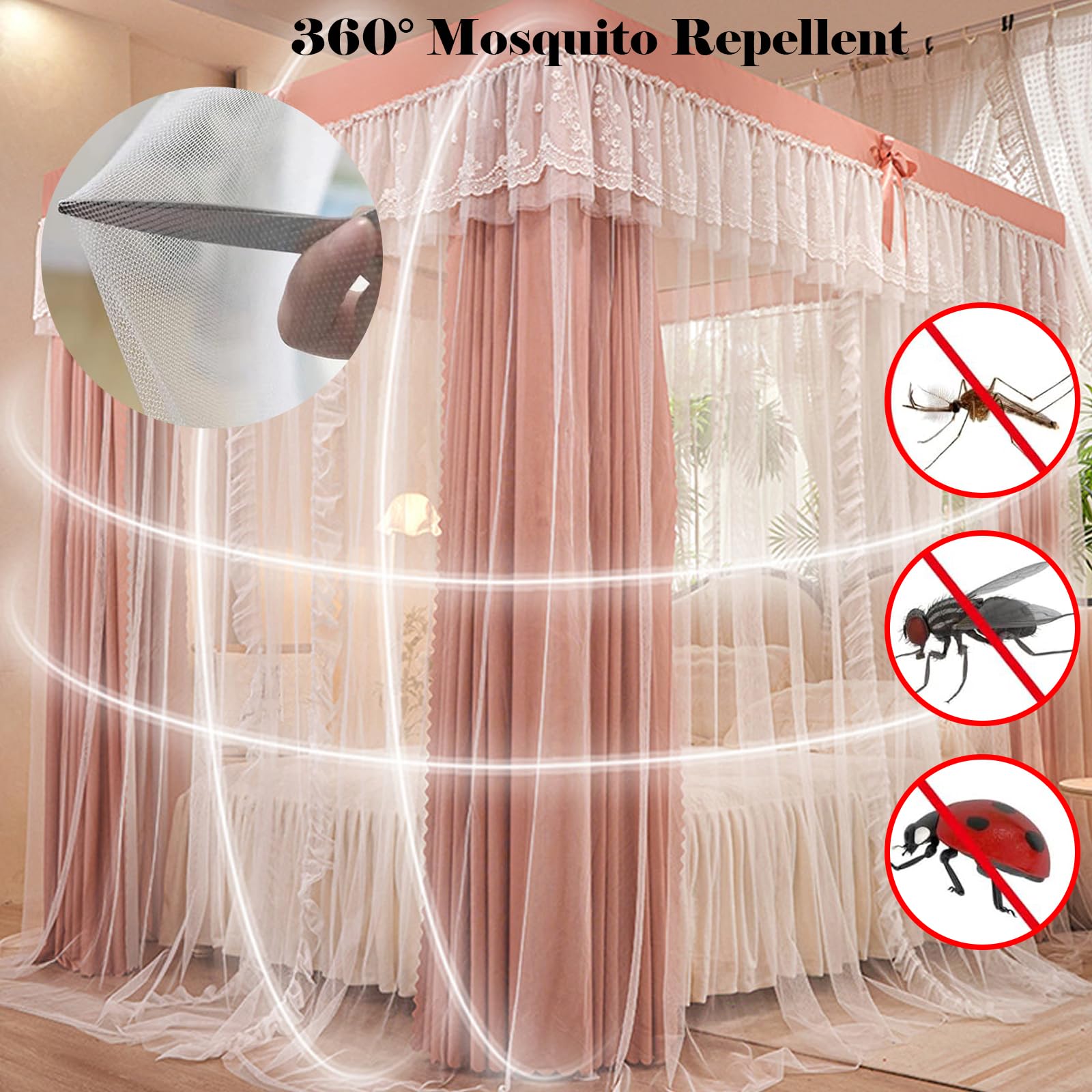 Prinzessin Baldachin mit Rüschen, 4-Eckiger Betthimmel, Moskitonetze Bett, Quadratische Mückennetz, Doppelstöckiges Moskitonetz für Mädchen Schlafzimmer B 180 x 200cm