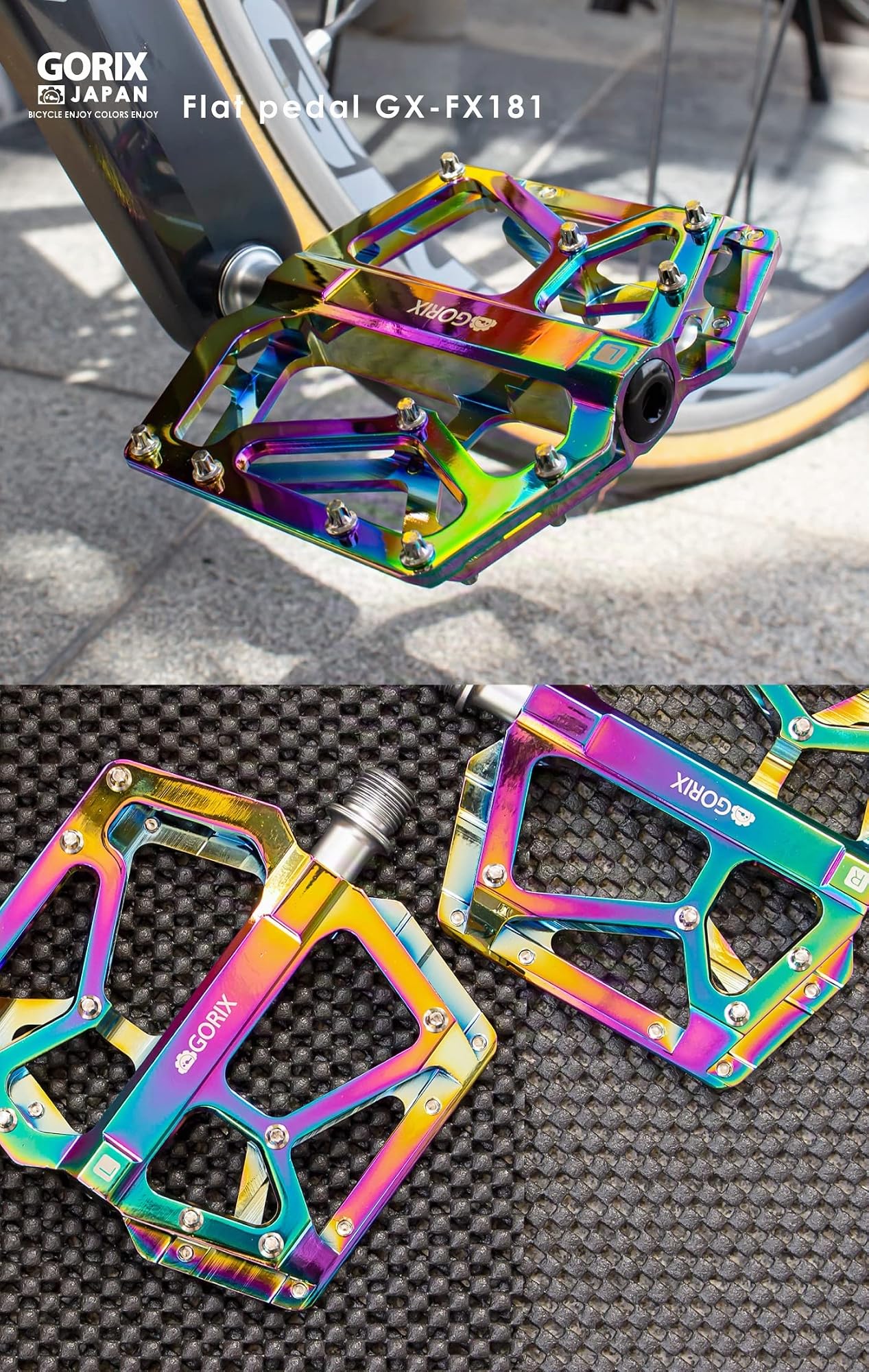 GORIX Fahrrad-Flachpedale, breites CNC-3-B-Lager, leicht, mit rutschfestem Stift, Spike, Oil Slick, Rennrad, Mountainbike, MTB-Fahrrad (GX-FX181)