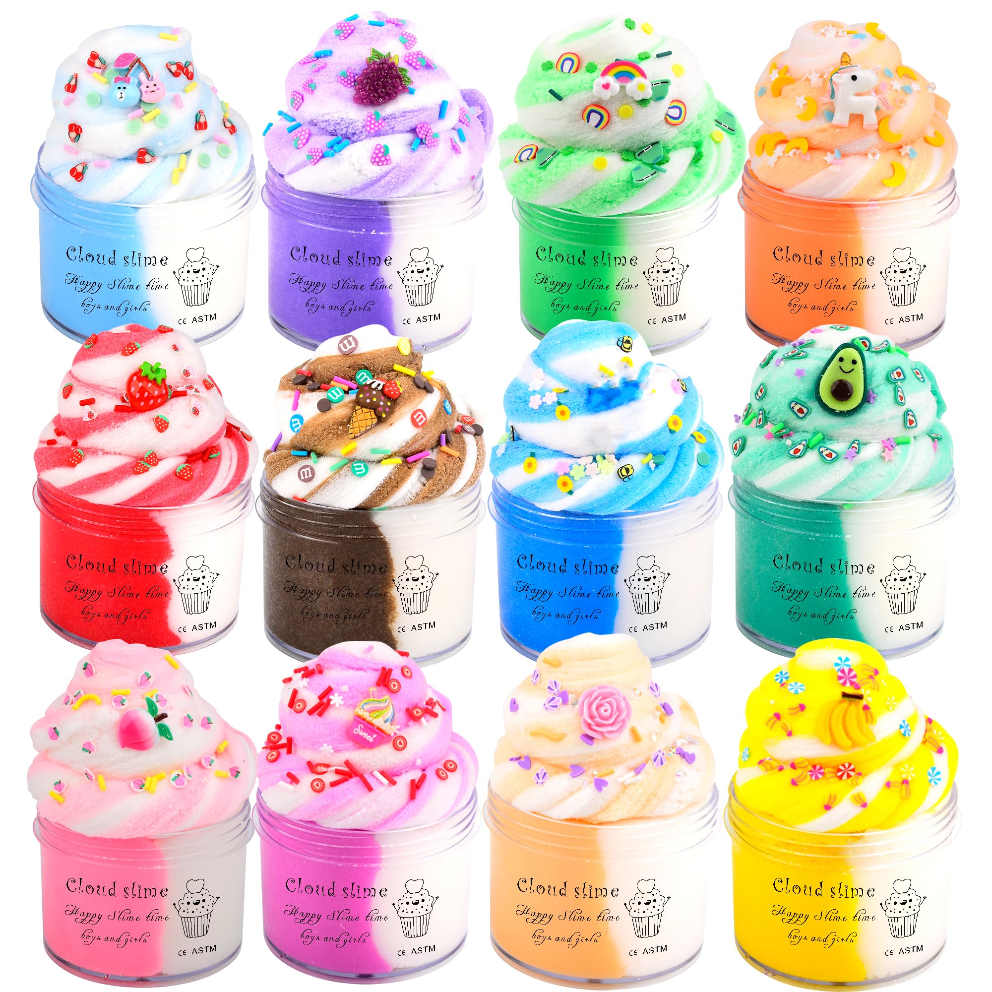 Cloud Slime Kit 12 Pack,With Stitch Rainbow Cake Strawberry Rose Slimes Charms,Fluffy Slime for Girls and Boys,Stress Relief Toy for Kids Education,Party Favor,Gift and BirthdayCarbonfree Certified