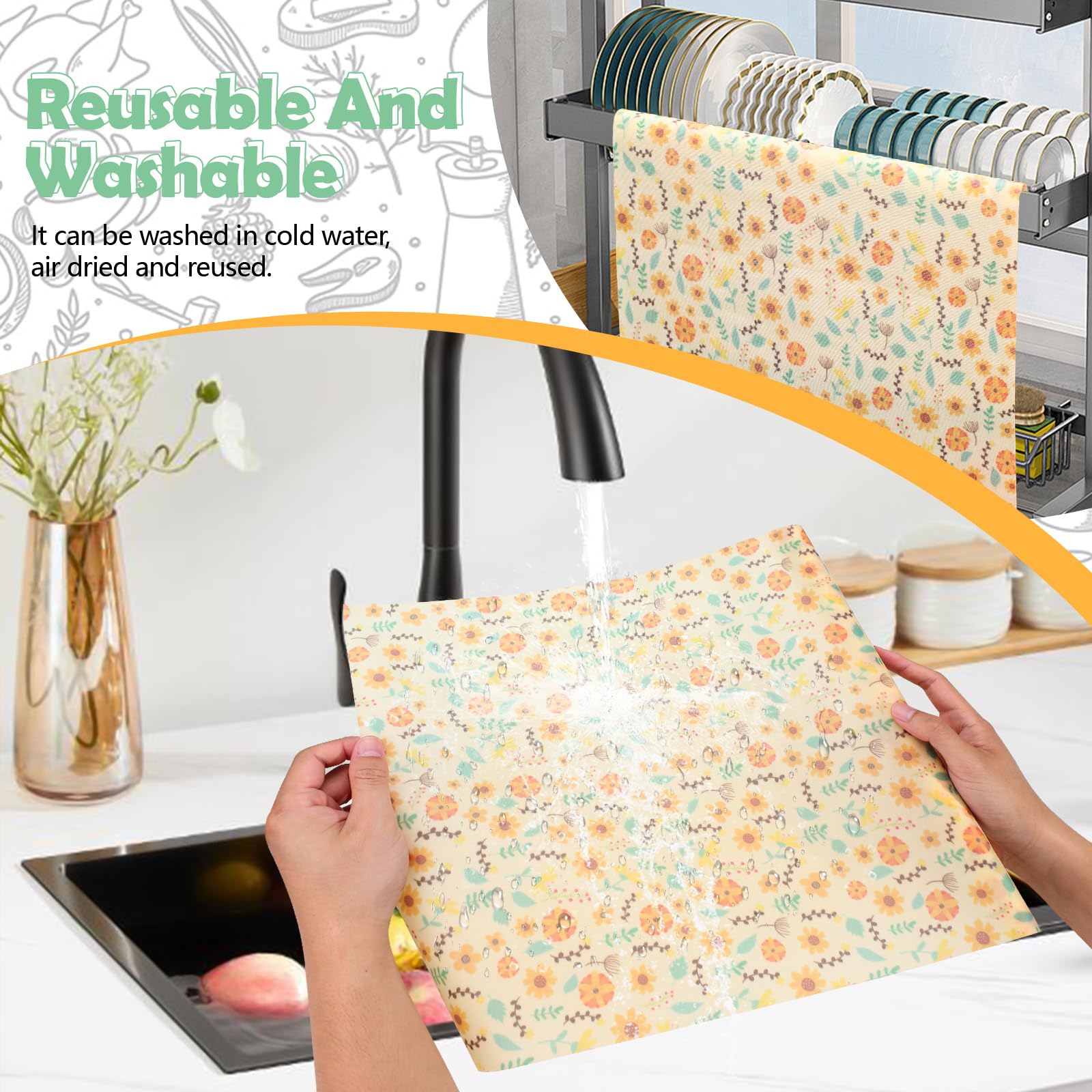 Envolturas de cera de abeja para alimentos, rollo grande de cera de abeja de 39.4 x 13 pulgadas, papel de cera de abeja reutilizable para envolver pan, sándwich, tazón, cubiertas, girasol