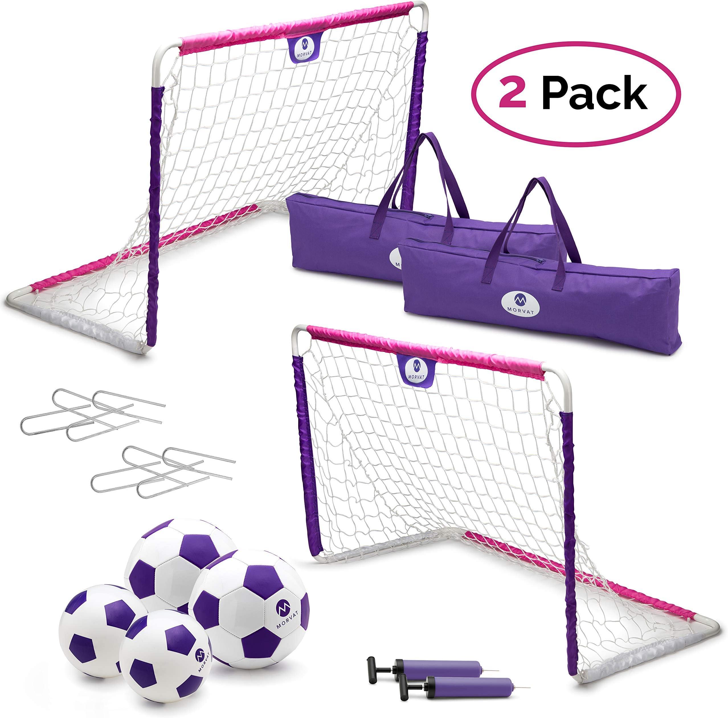 Morvat Kids Soccer Goal Set for Backyard with Metal Poles, 2 Sets of 48โx30โ Nets, 4 Soccer Balls, 2 Pumps & 2 Storage Bags, Portable Folding Youth Sets for Kids + Toddlers (Pink & Purple - 2-Sets)