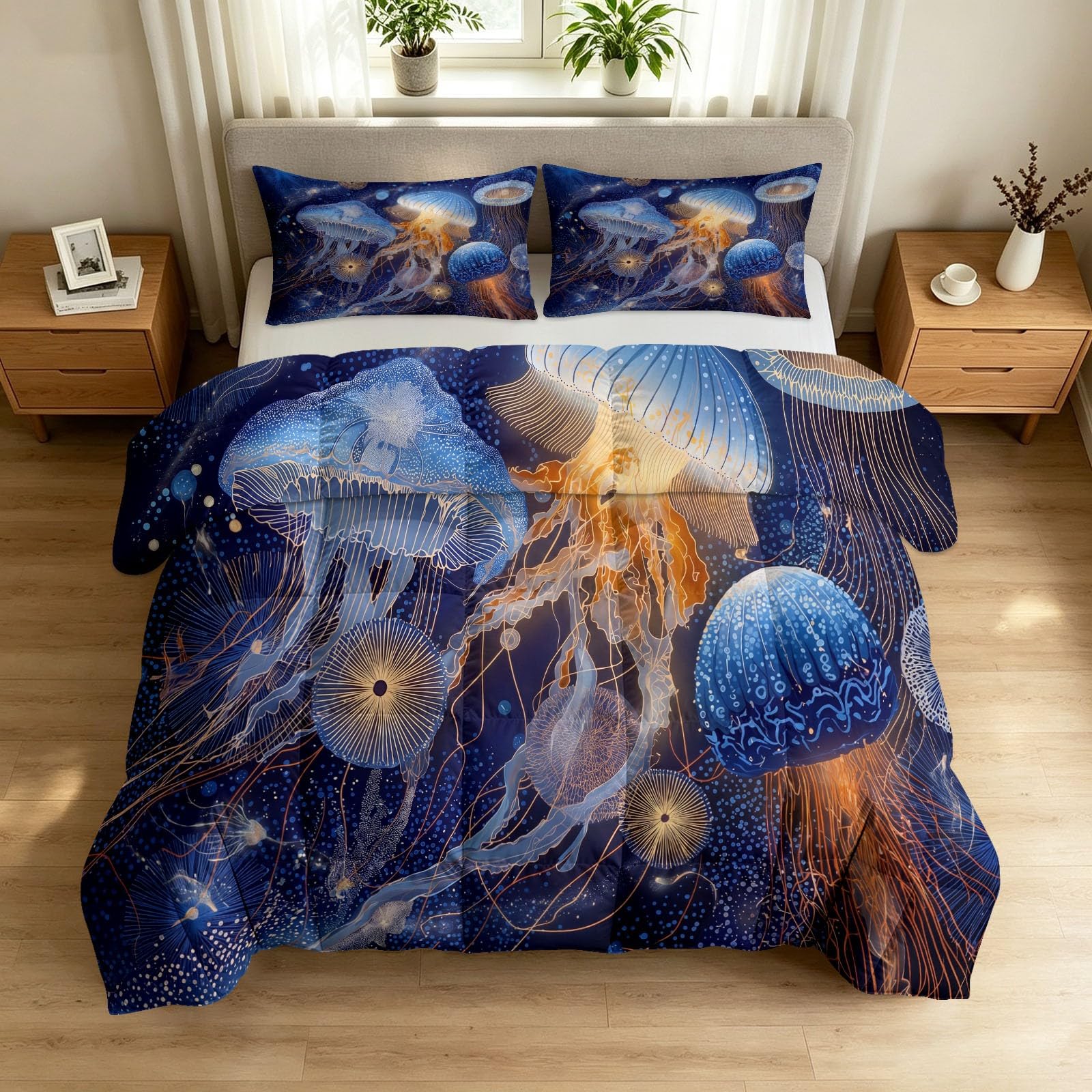 Kołdra 200 x 220 cm, zestaw kołder na 4 pory roku – Fantasy, gwiaździste niebo, koc do spania bez poszewki, ciepła i miękka, nadaje się do prania, całoroczna kołdra – ocean meduza punktowa pościel na