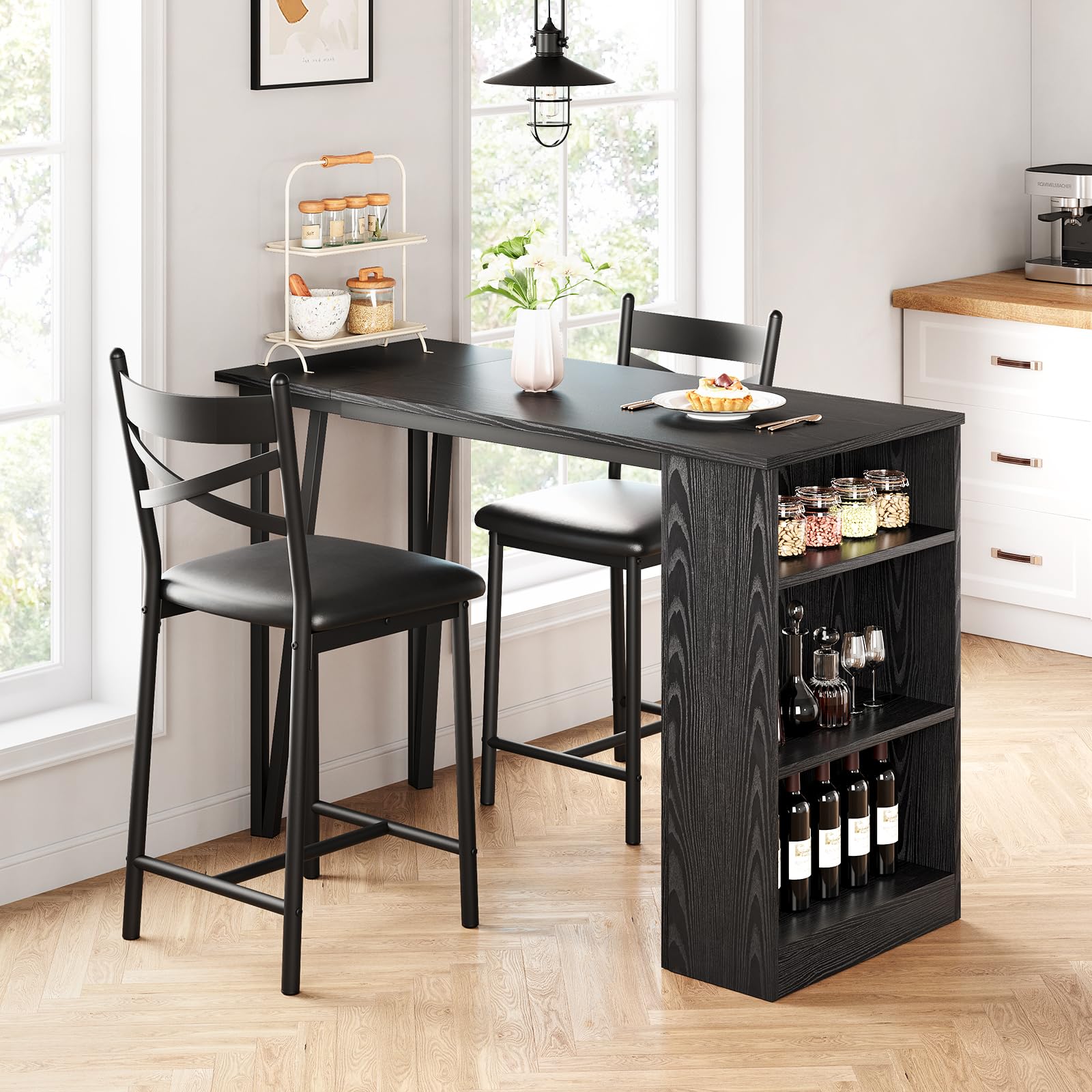 GarveeLife Set Mesa Bar Alta 1+2 Taburetes Estante Negro 120x50x91.5cm | MDF Hierro Tapizado Soft Negra 1 Mesa 2 Taburetes Estante Inferior Extensible Ahorro Espacio Cocina Salón Bar Moderno