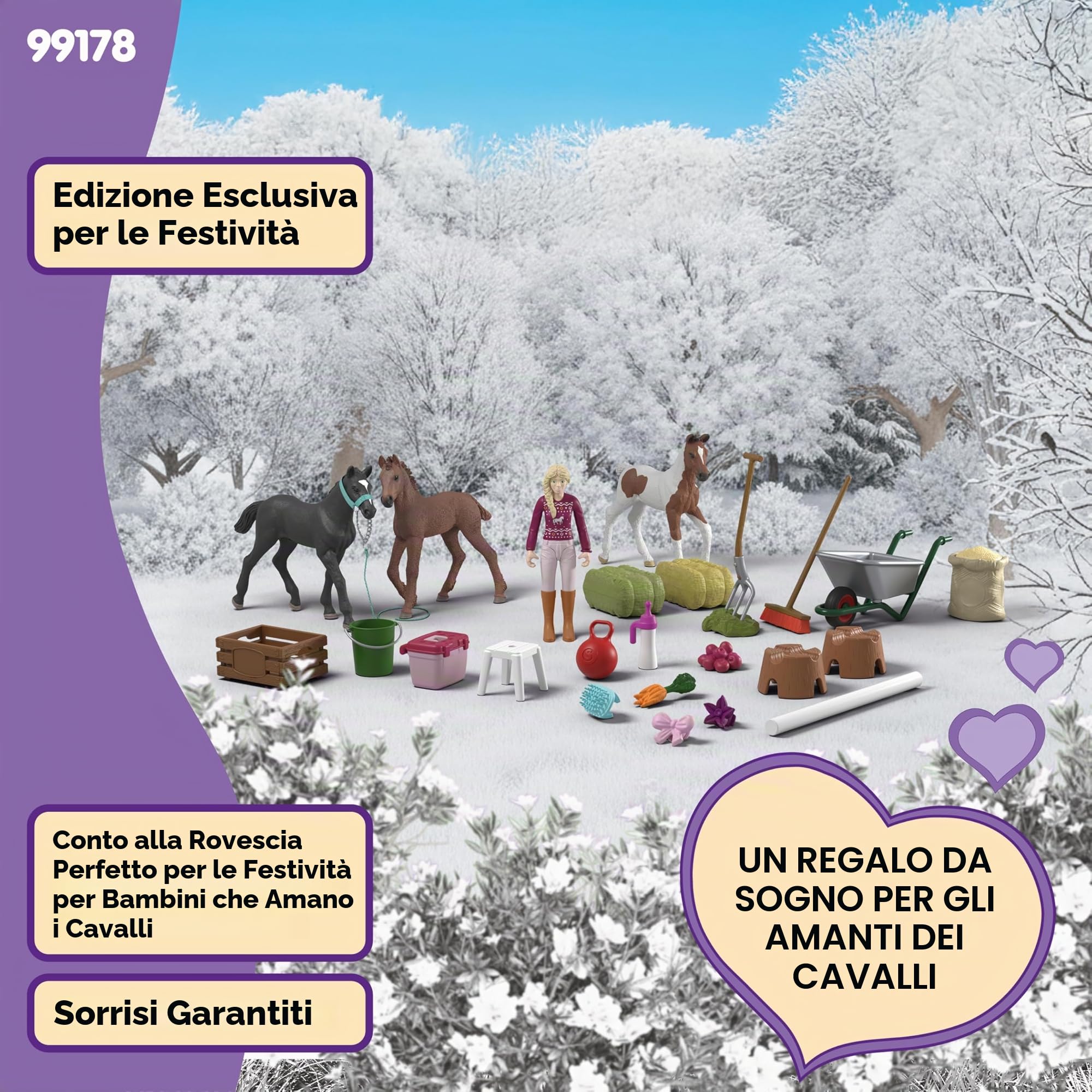 schleich HORSE CLUB | Calendario dell’Avvento HORSE CLUB 2025 – Meraviglia di Natale Allevamento di Puledri 99178 | figura snodata Sofia, 3 puledri esclusivi & accessori | regalo dai 5 anni | 34 pezzi