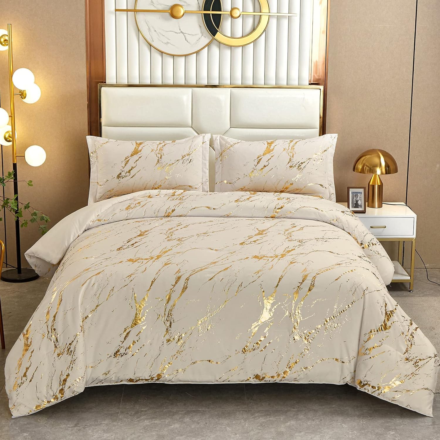 WONGS BEDDING Gold Metallic Marble Khaki Comforter Set Full Foil Print Glitter Bedding Sets with 2 Pillowcases for All Seasons, Soft Microfiber Filling Bedding Duvet Set 78"×90"