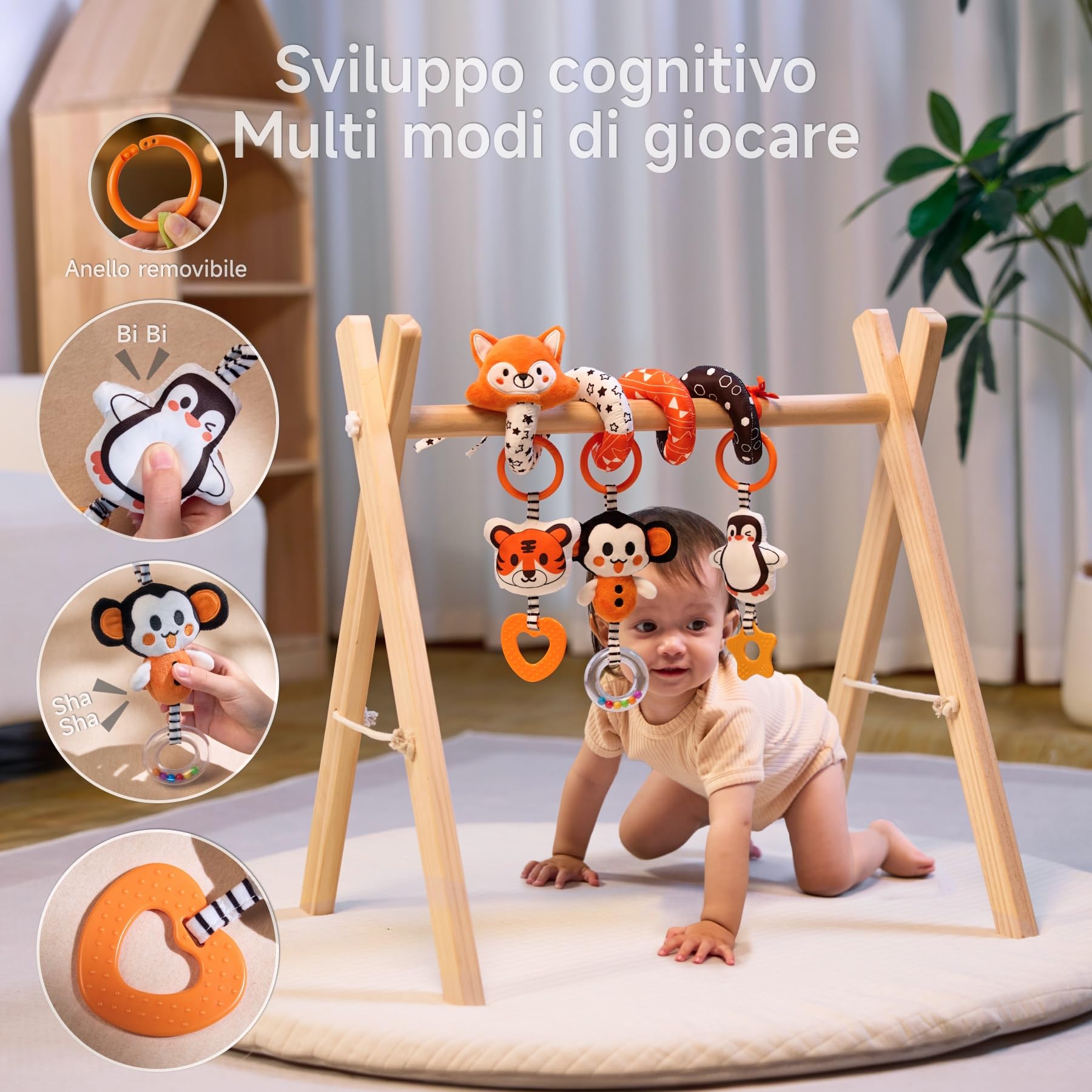 TUMAMA Giochi Spirale da Passeggino per Neonato 0 2 3 6 9 12 Mesi, Peluche Bianco e Nero Spiral Passeggini Giocattolo Gioco per Neonati Bambina Ragazzo, Volpe Culla Carrozzina con Sonaglio Teether