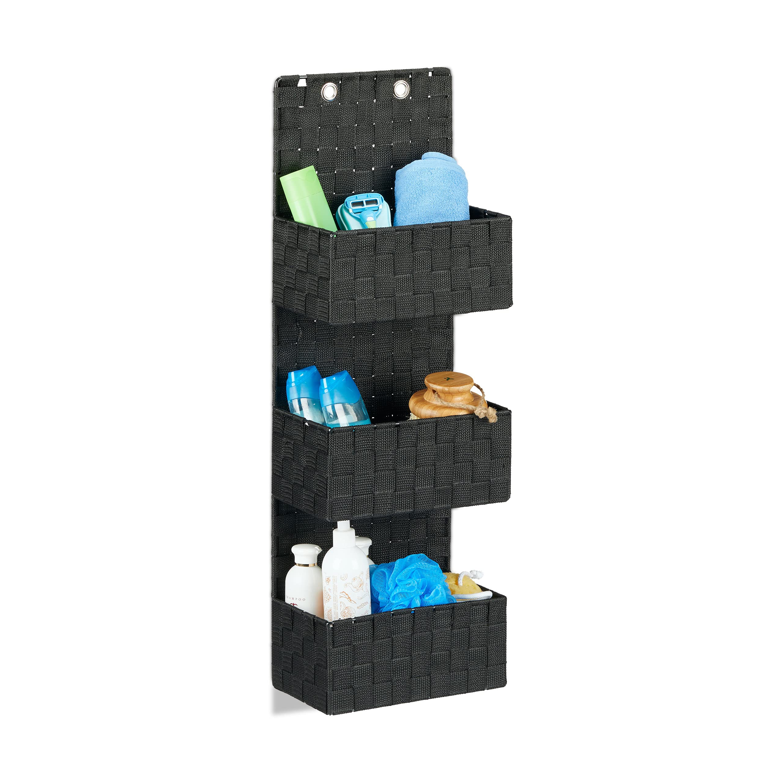 Relaxdays Hanging Wall Organizer, Magazine Rack with 3 Compartments, Plastic, HWD: 75x25x15cm cm, Black
