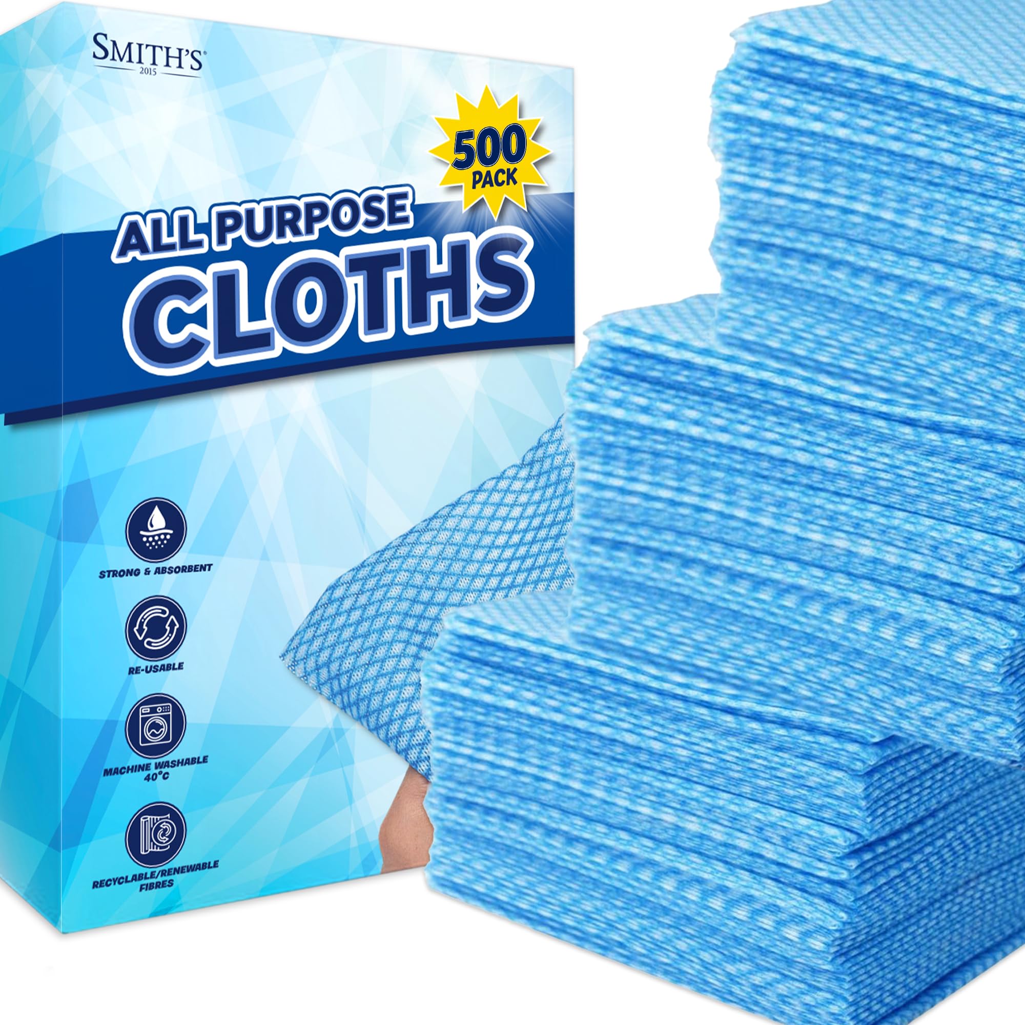 Smith's 2015 Blue 500Pk All Purpose Cloths By Smith’s® | 31X21cm | Disposable Cleaning J Cloths | Absorbent, Gentle & Reusable | For Household & Professional Cleaning, Polishing, Dusting, Washing Dishes