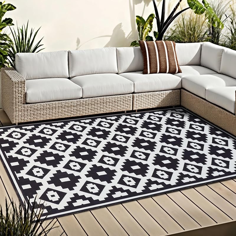 OMERAI Mosható Szőnyeg Kül- és Beltérre - Fekete-Fehér Csúszásmentes UV-Álló Foltálló Szőnyeg Nappaliba, Kertbe, Kempingezéshez 150x240 cm