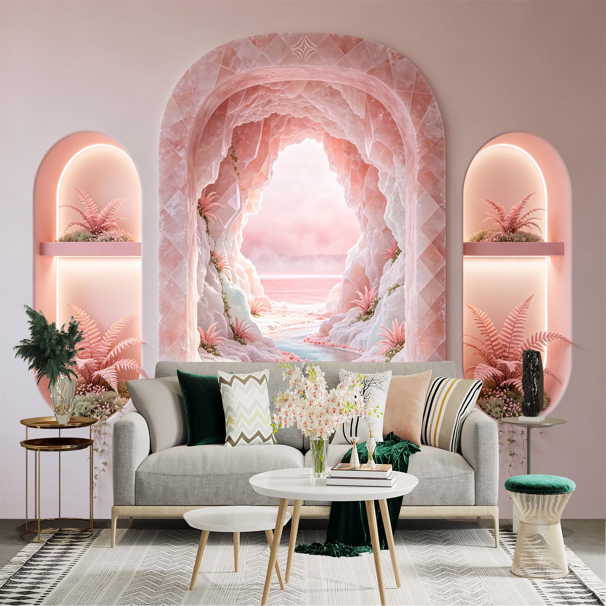 Custom Size Wall Sticker Mural， Pink Crystal Cave with Flowing River and Dreamy Landscape， for wall Decoration， peelandstick wall Decals.