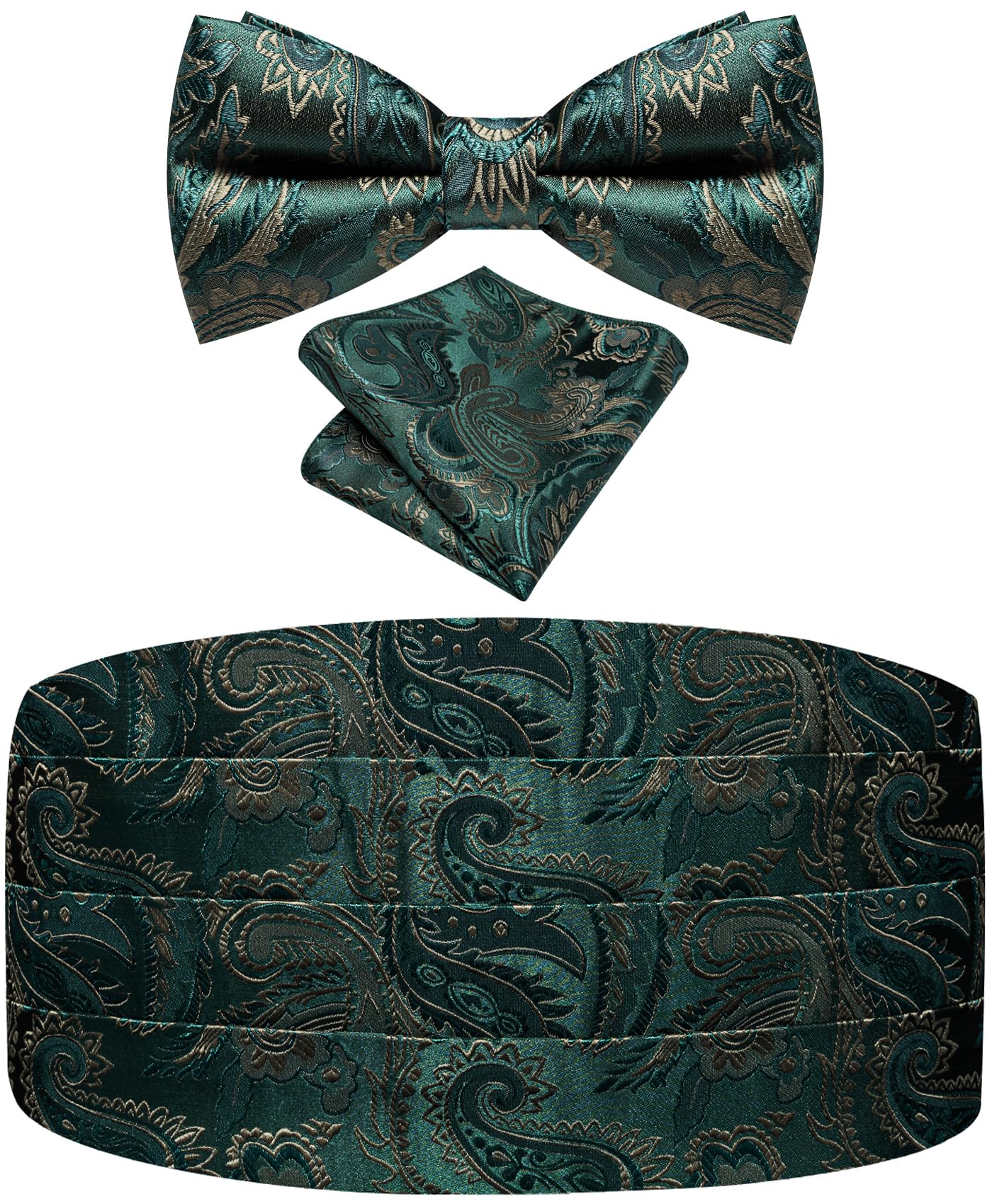 Paisley Floral Tuxedo Cummerbund Bow Tie Pocket Square Set for Men