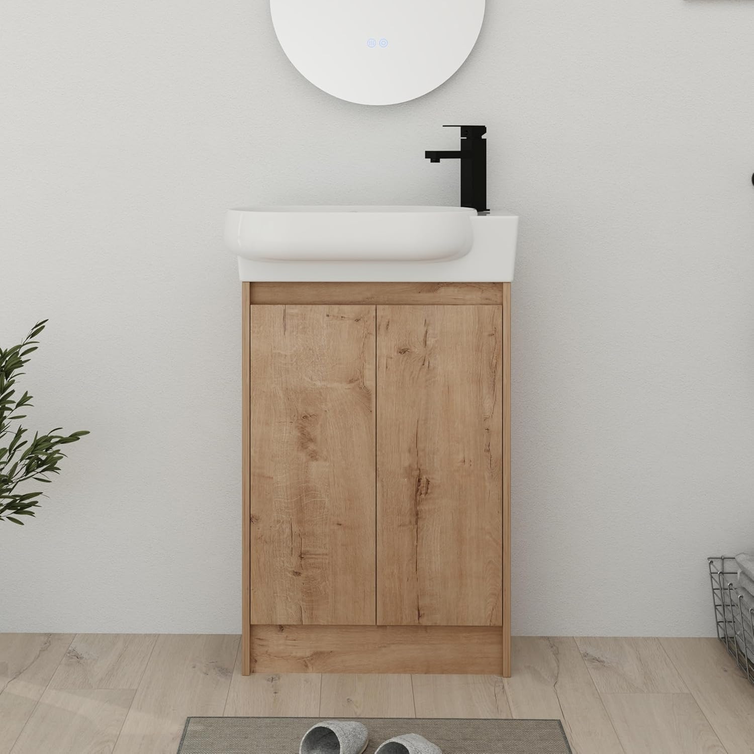 23'' Freestanding Bathroom Vanity, 23 Inch Floor Stand Bathroom Vanity with Sink, Single Ceramic Sink Cabinet Set, Modern Storage Cabinet, with Soft Closing Door and Adjustable Shelf, Oak
