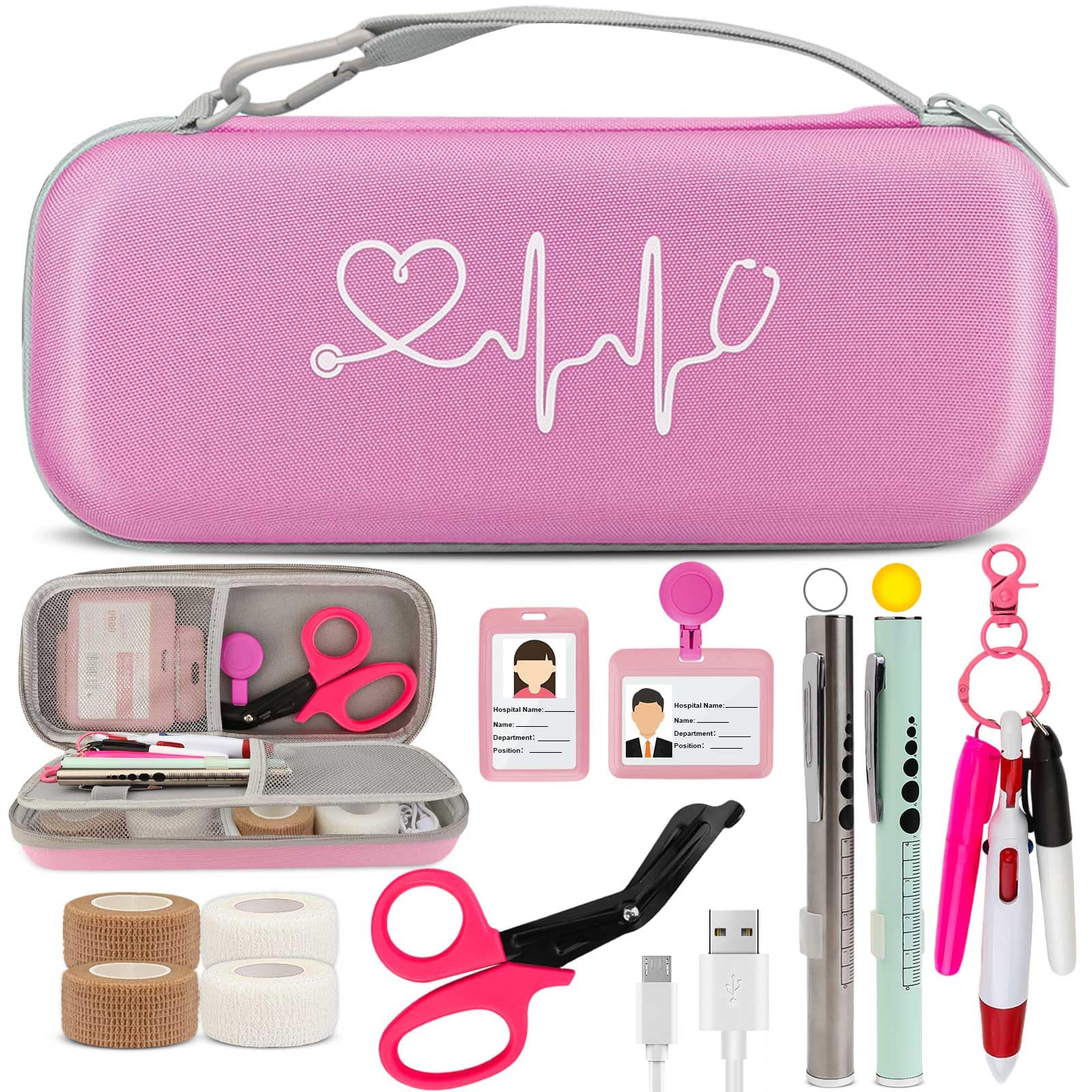 FWUNYVN 16 Pcs Stethoscope Case Kits, Stethoscope Case with Supplies Include 2 Pcs Rechargeable LED Pen Lights, Nurse Scissors, Nurse Pens, Bandage