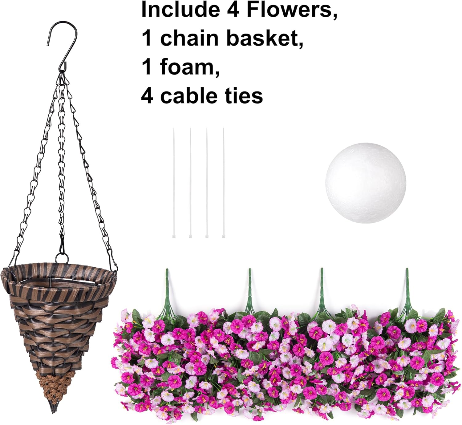 Artificial Fake Hanging Flowers Basket for Outdoor Indoor Decoration,UV Resistant Faux Silk Light Fuchsia and Fuchsia Morning Glory Flowers Plants Realistic Hanging Planter for Outside Home Porch Yard - Image 2