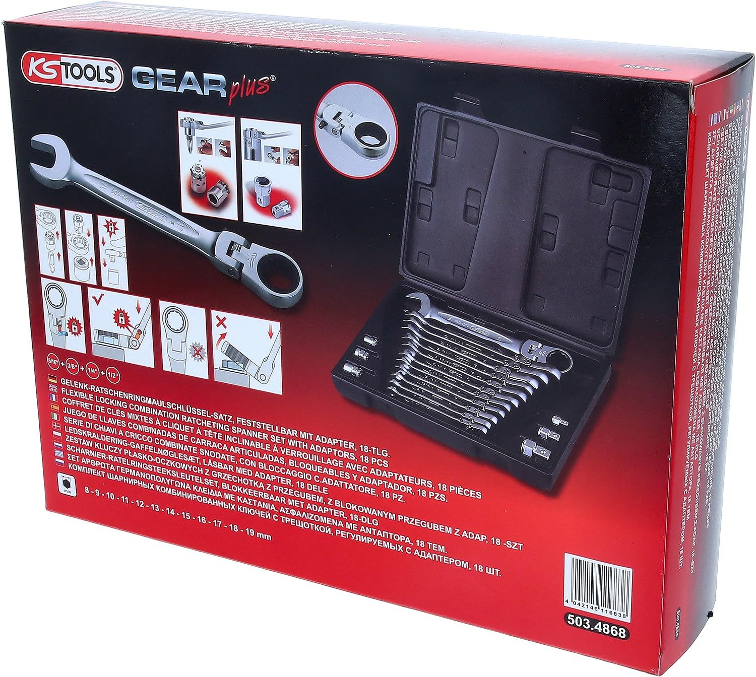 KS Tools 503.4868 Serie di Chiavi a Cricco Combinate Snodate Gearplus, con Bloccaggio, 18 Pezzi, 8-19 mm, con Adattatore