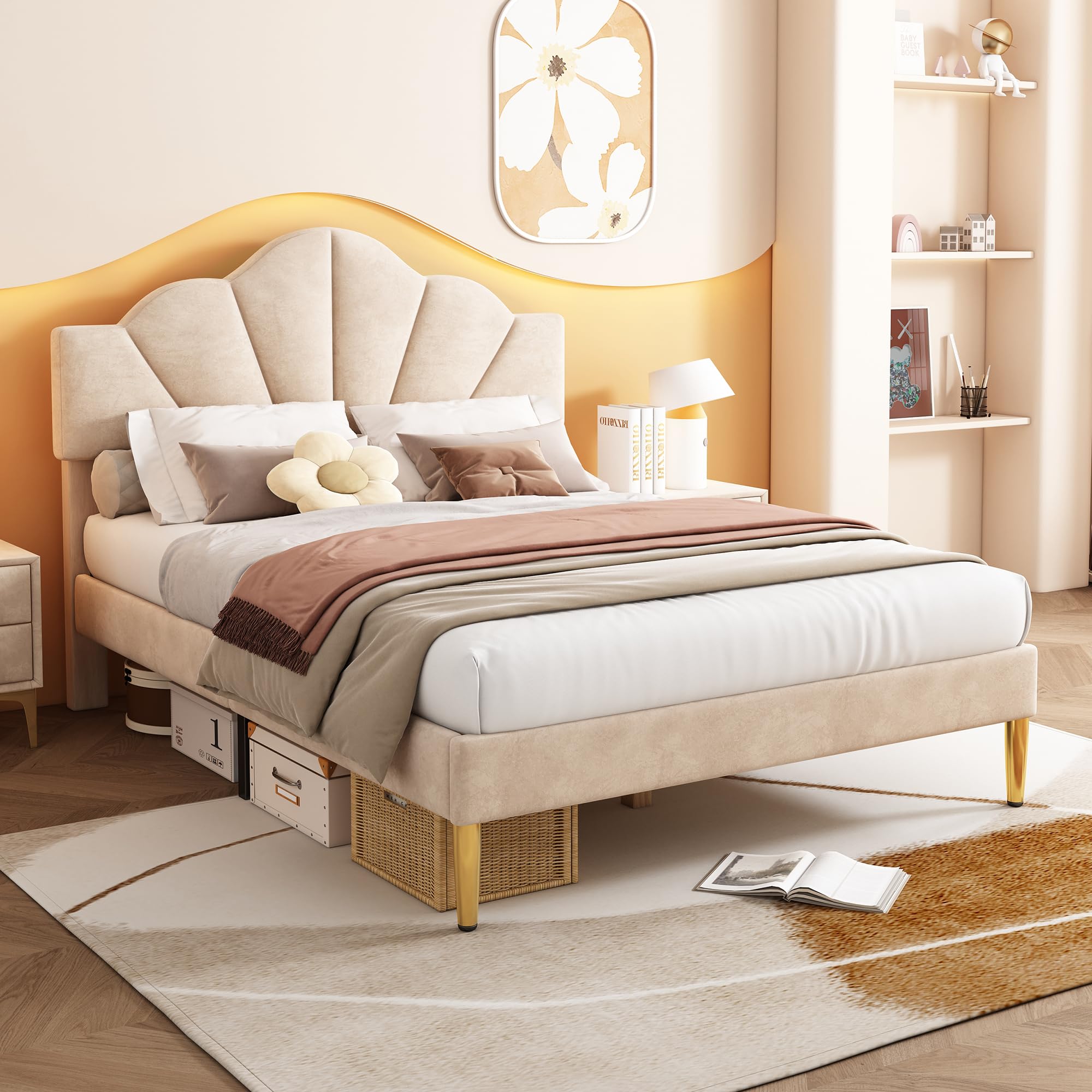 4ft6 Double Bed Frame, Upholstered Platform Bed with Shell-like Height-adjustable Headboard & Golden Iron Legs, Girls Bed, Youth Bed, Velvet Fabric Wooden Slat Support, No Mattress, Beige, 135x190cm