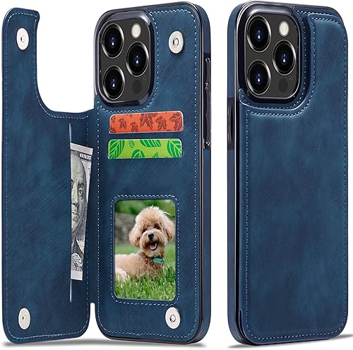 Soviwo Funda tipo cartera compatible con iPhone 15 Pro de piel sintética con ranura para tarjetero, doble cierre magnético con función atril de 6.1