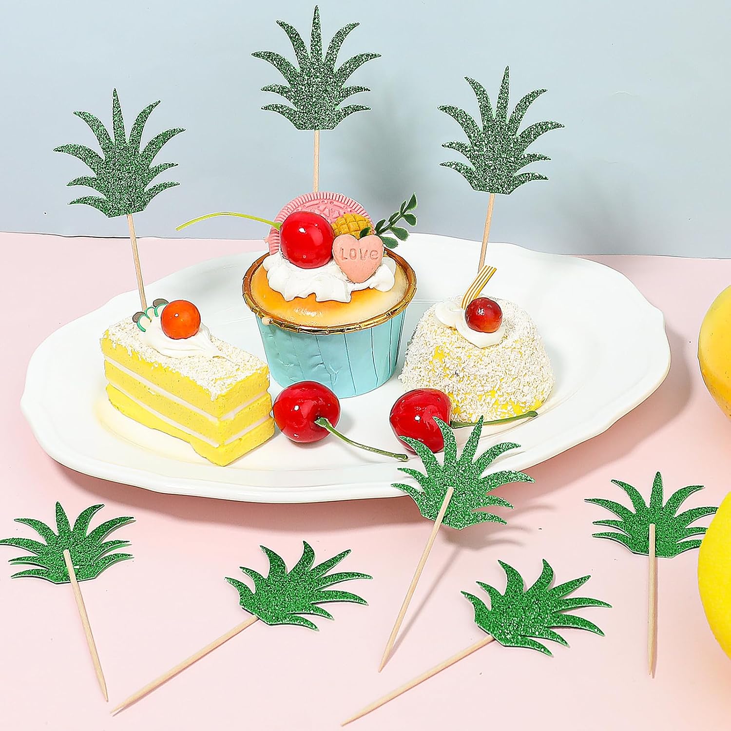 36 PCS Pineapple Cupcake Toppers, Green Glitter Pineapple Cake Toppers for Birthday Decorations, Donut Cake Decorations for Tropical Hawaiian Party Supplies