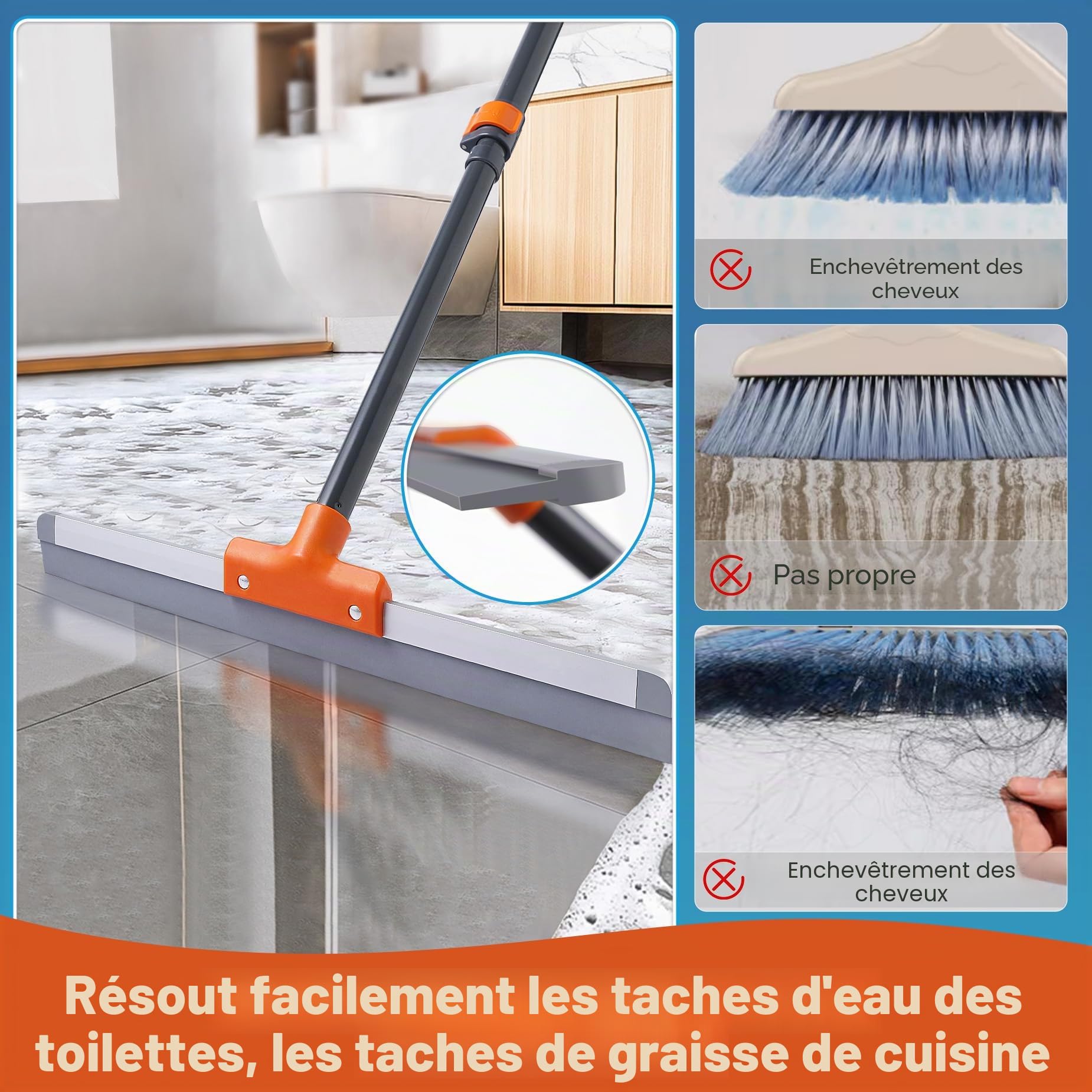 CLEANHOME Raclette de sol en caoutchouc avec manche long extensible