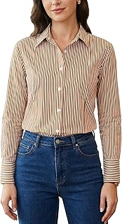 Camisas a rayas con botones para mujer, camisas de vestir de manga larga, camisas casuales con cuello para oficina y trabajo con bolsillo