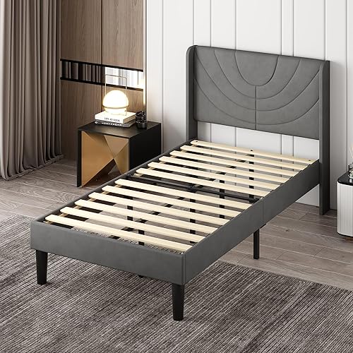 Miniatura 102 de VECELO Base de cama tamaño matrimonial tapizada con cabecera de tela, soporte de listones de madera, no necesita somier, base de colchón, color