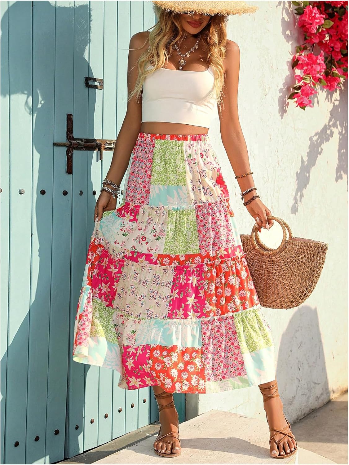 Verdusa Women's Boho Floral Patchwork Skirt Vacation A Line Flowy Long Skirts - Image 6