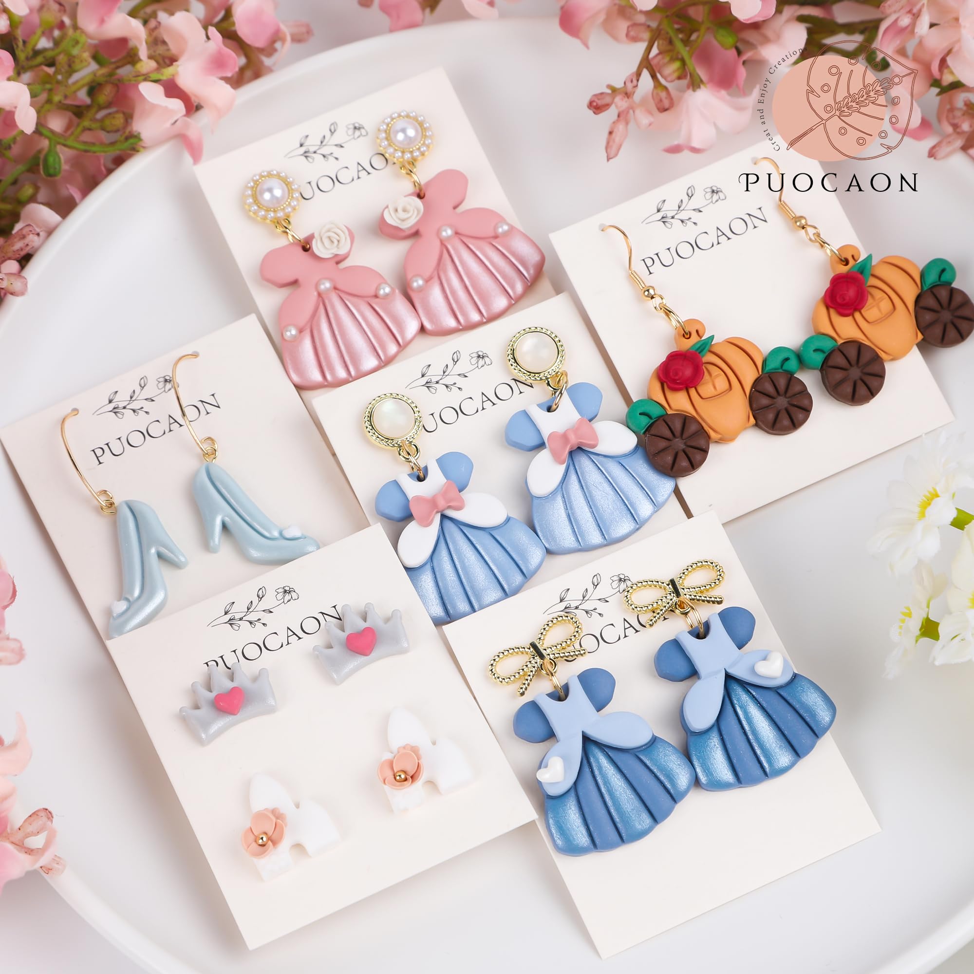 Puocaon Princess Polymer Clay Cutters - 7 Pcs Clay Cutters for Polymer Clay Jewelry, Pumpkin Carriage Clay Earring Cutters, Glass Slipper Fairytale Clay Cutters, Crown Shape Polymer Clay Cutters