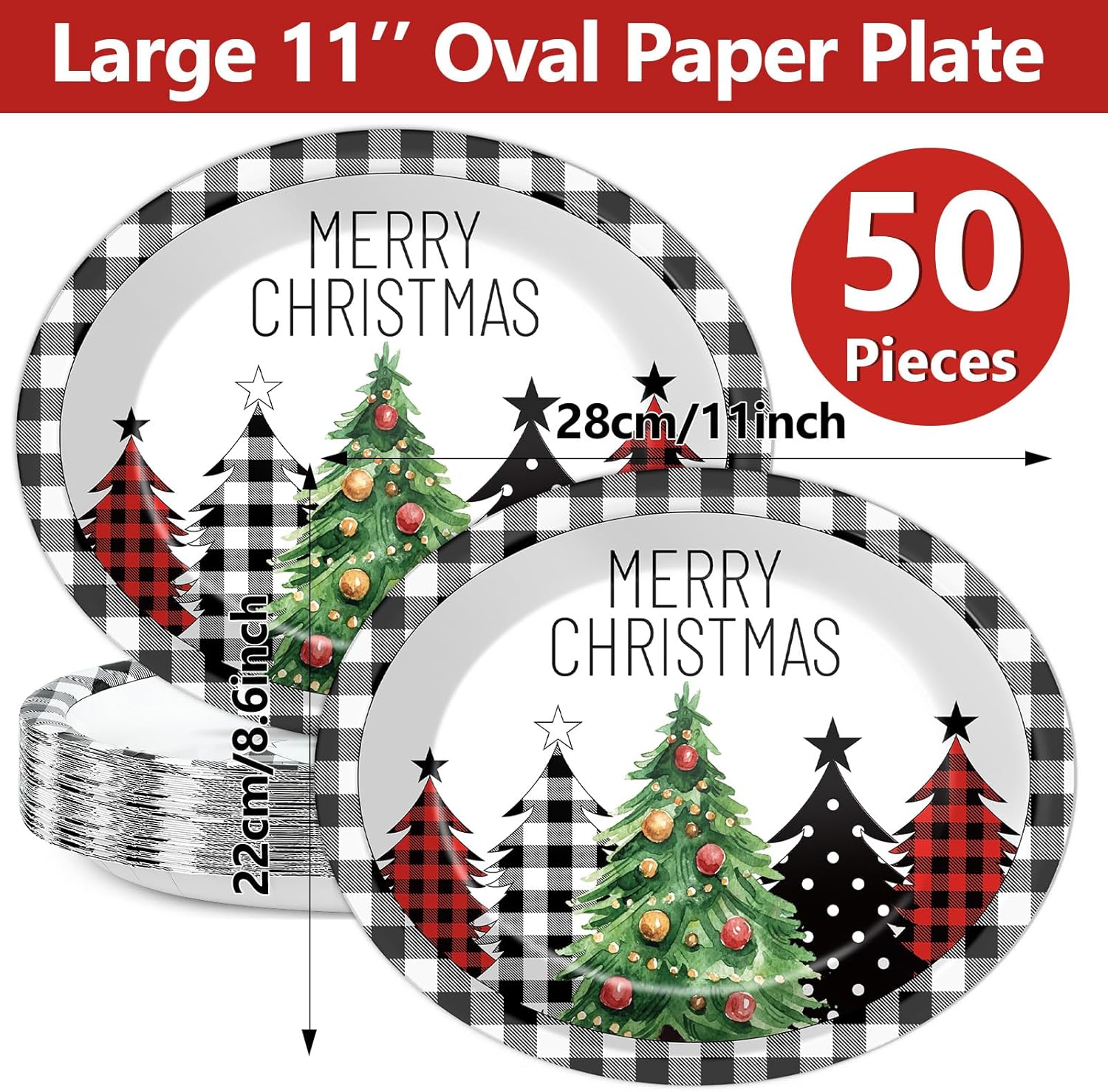 50Pcs Christmas Oval Paper Plates Large Disposable 11'' Dinner Plates Heavy Duty Buffalo Plaid Christmas Tree Black White Party Decoration Xmas Serving Tray for Holiday Party Supplies Tableware Set