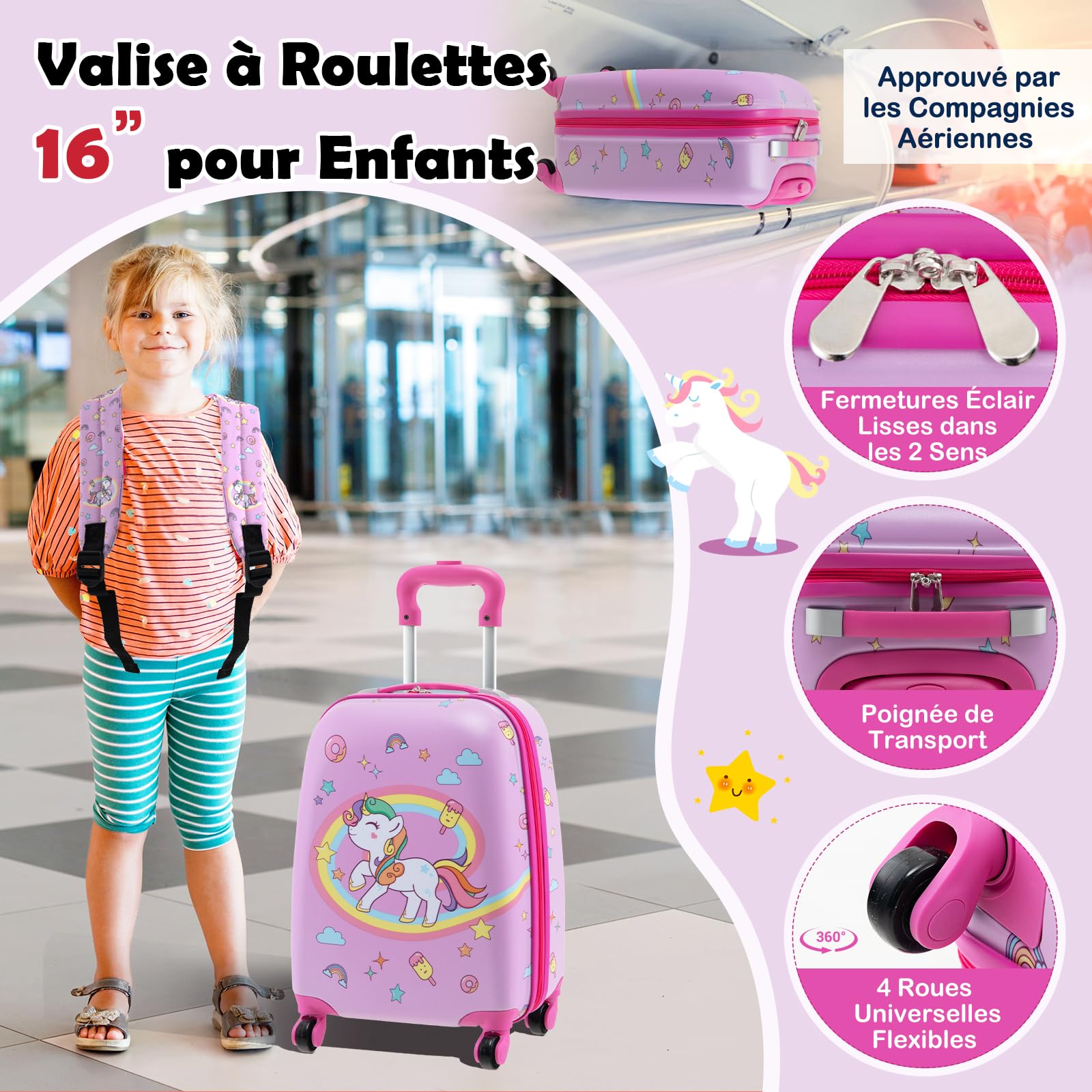 DREAMADE Valise Enfant 16" et Sac à Dos 13" avec Oreiller Cervical&Sac-Repas Isolé&Étiquette,Bagage à Main Enfants 5 Pièces avec 4 Roues à 360°,Ensemble Valise Roulette Garçon Filles (Licorne Rose)