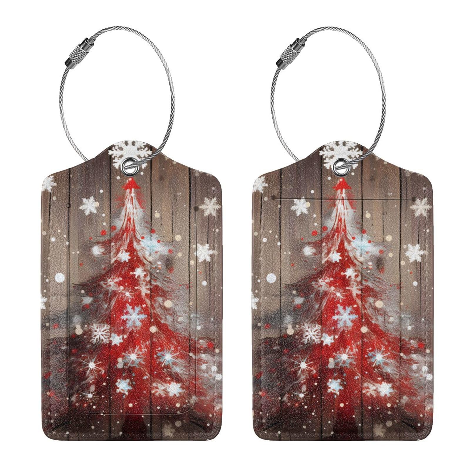 4 etiquetas de equipaje de piel sintética para maleta, árbol de Navidad rojo en tablero de madera, etiqueta de equipaje con lazo de acero inoxidable, etiqueta de identificación de cubierta de