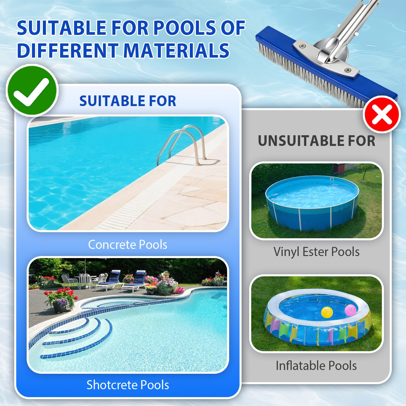 Cepillo Piscina 10 Pulgadas (25,4 cm) con cerdas de Acero y Nylon, Cepillo Limpieza Piscina con Base de Aluminio y Clip EZ para pértiga telescópica, Cepillo Resistente para Fondo y Paredes enterrada — view 7