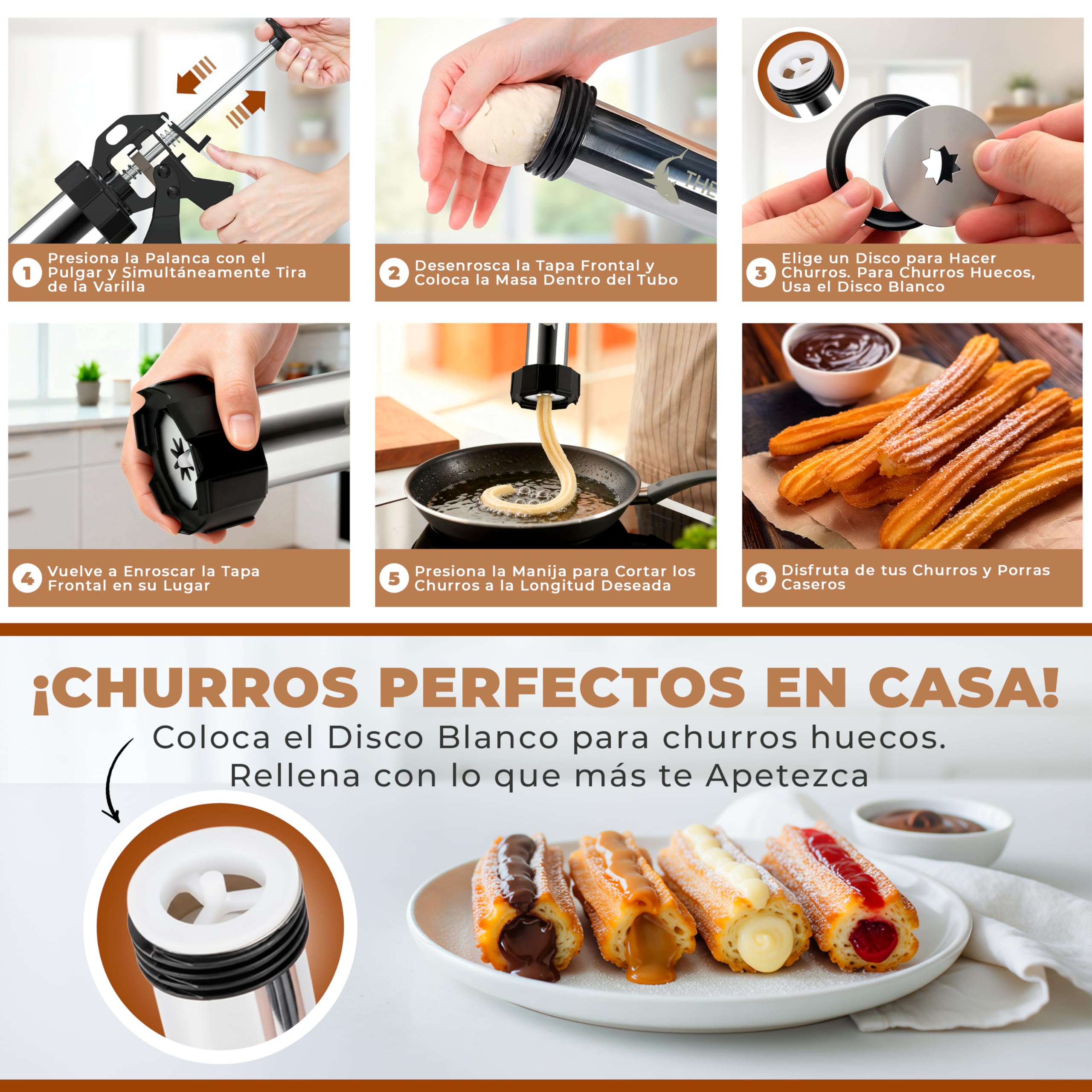 Churreras para Churros y Porras de Acero Inoxidable 304 – Rápida, Fácil de Limpiar y de Gran Capacidad – Ideal Postres Caseros y Cocina Familiar – Kit Reposteria Profesional para Chefs y Principiantes