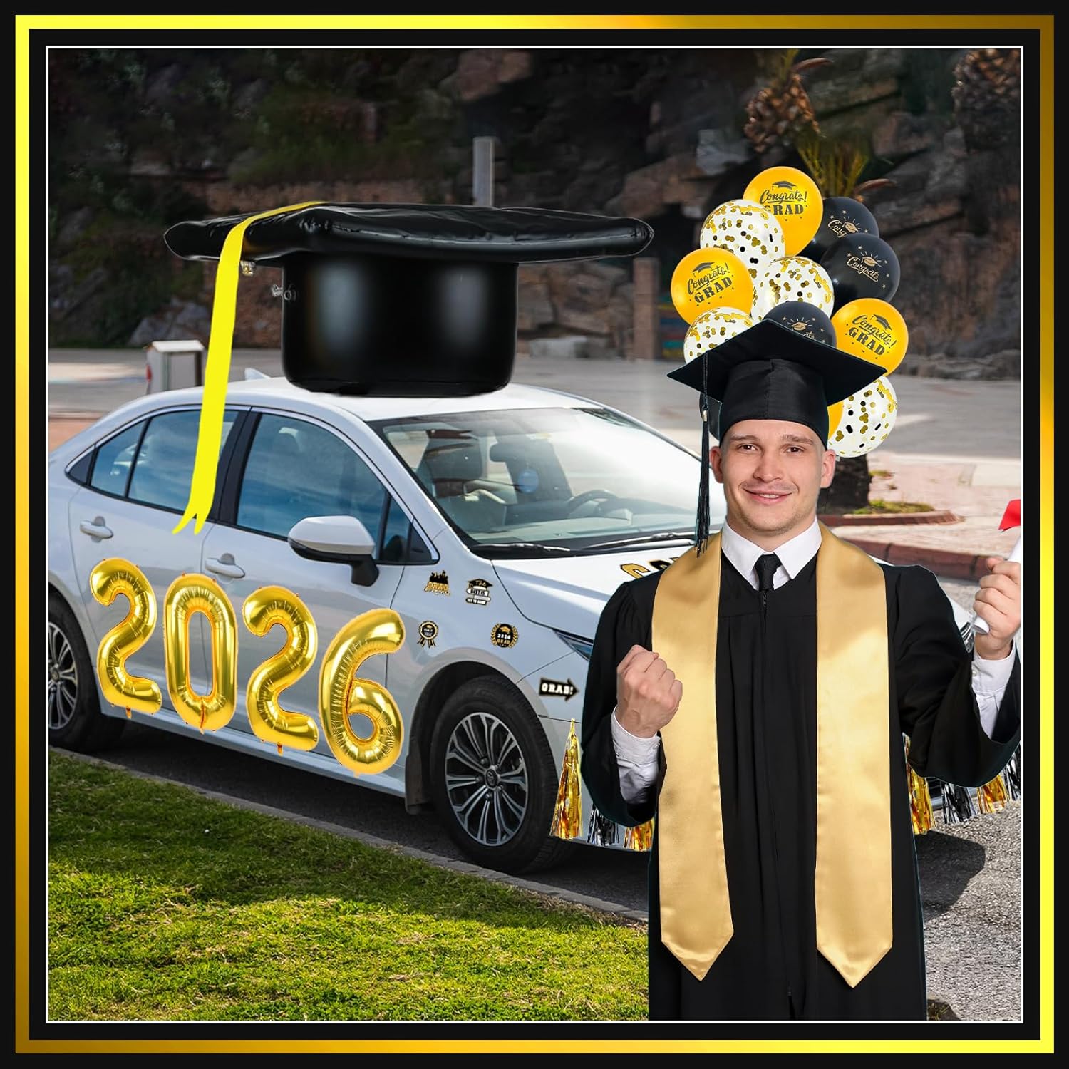 55 Pcs 2026 Congrats Grad Car Decoratio Senior Class of 2026 Cars Decor Include Inflatable Graduation Cap Magnets Decor Tassel Balloons for Cars Roof School Collage Party Favor Grad Parade(Black)