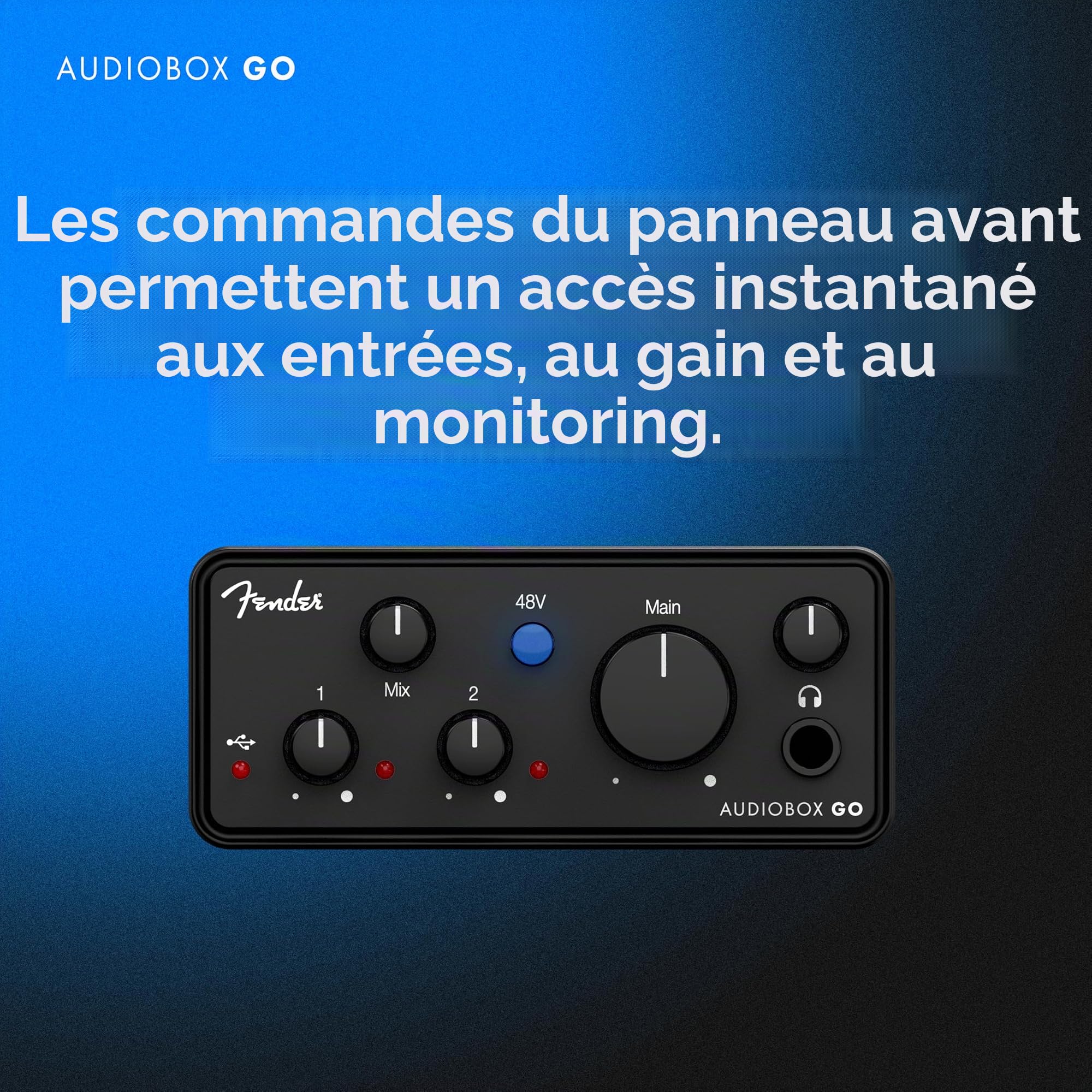 Fender AudioBox GO | Interface audio USB-C 2x2 pour la production musicale, combo micro/ligne XLR, entrée instrument TS, convertisseurs 24 bits/96 kHz, surveillance casque sans latence, Mac & PC