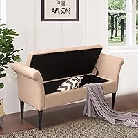 Vista 4 de Awonde Banco otomano de almacenamiento con brazos, tapizado de lino, bancos de almacenamiento para dormitorio, entrada, sala de estar, color marrón