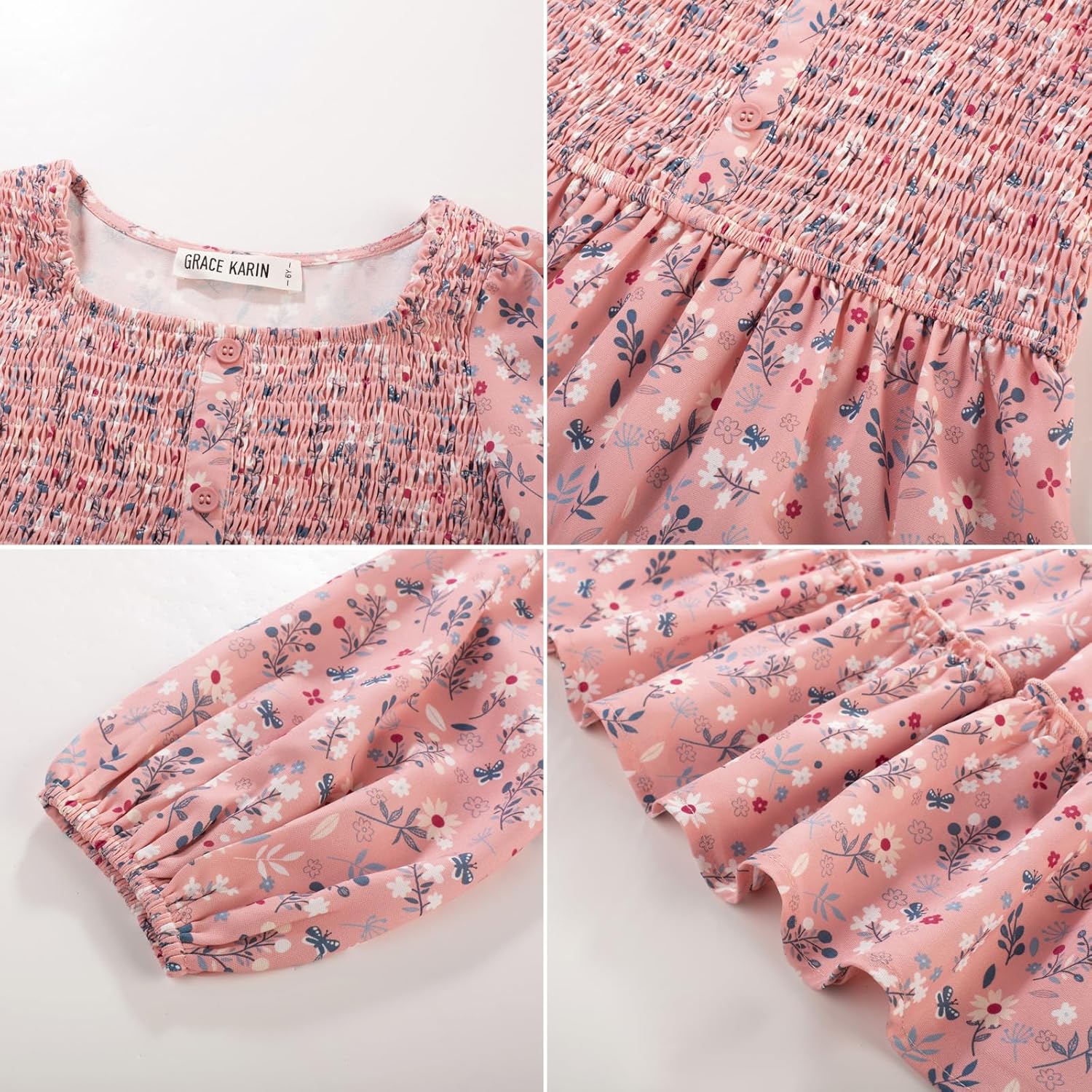 GRACE KARIN Girls Fall Long Sleeve Floral Square Neck Smock Tiered Casual Holiday Teen Dress Size 5-14 - Image 8