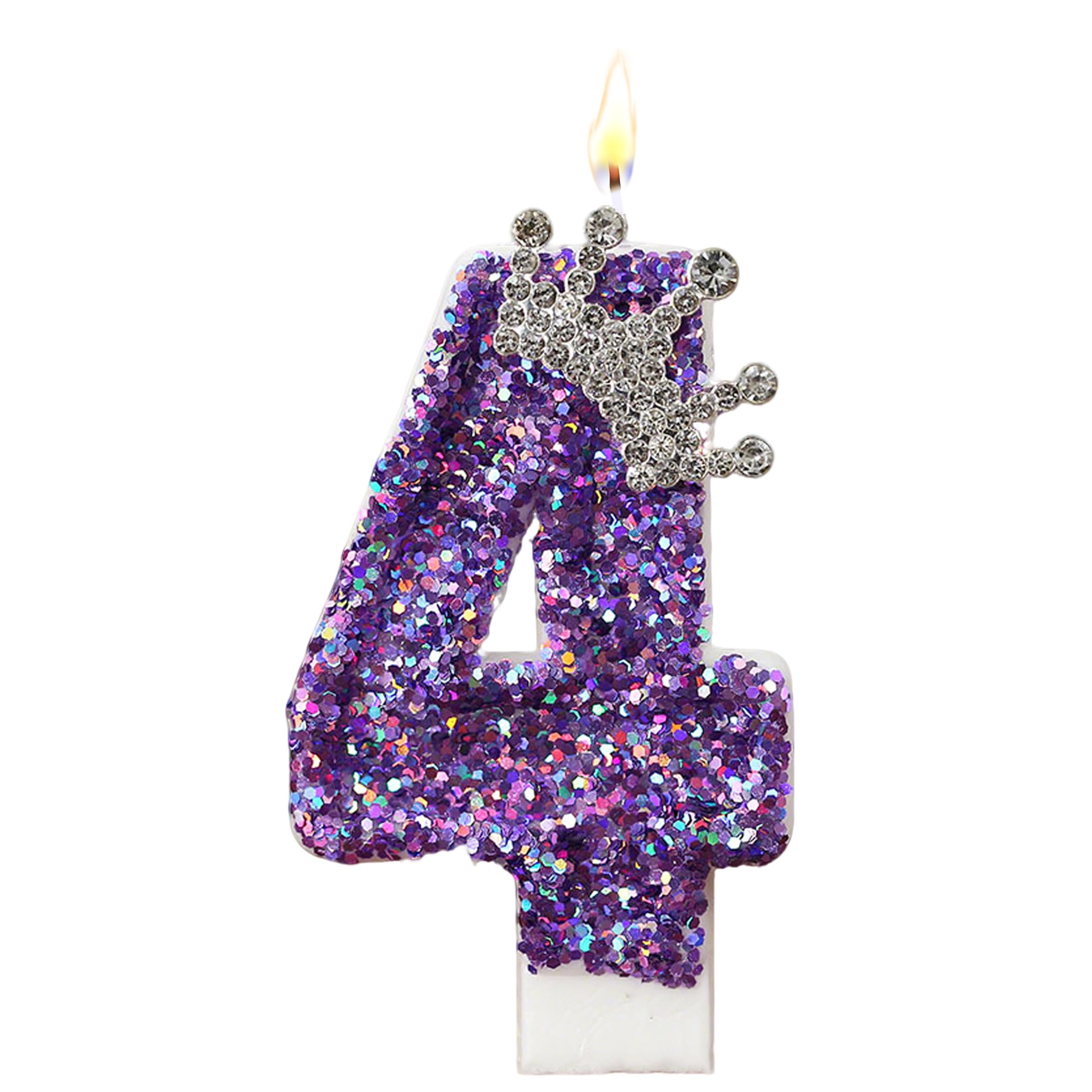 K Pop Number Birthday Candles, Glitter Crown Birthday Candles for Cakes Decoration, Stylish Kpop Music Themed Cake Topper for Girls Birthday Party Supplies & Anniversary (Holo Purple, Number 4)