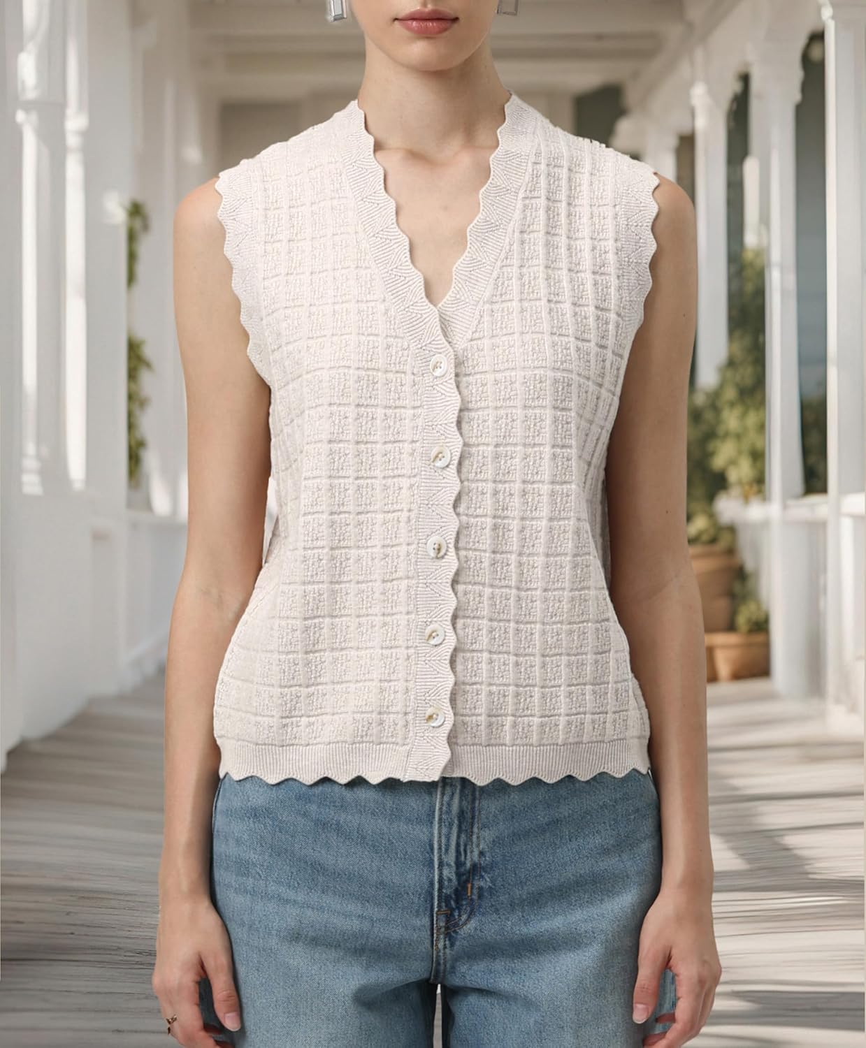 Trendy Sweater Vest Waffle Knit Top Vest V Neck Cardigan Sweater Casual Sleeveless Tops Cute Ruffle Vest - Image 3