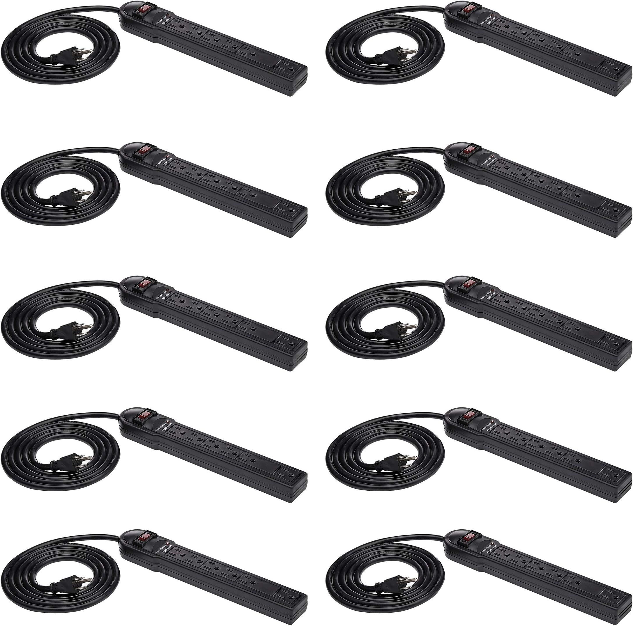 Amazon Basics Surge Protector Power Strip, 6-Outlet, 790 Joules, Circuit Breaker, LED Indicator, 6ft Extension Cord, Black, 10-Pack