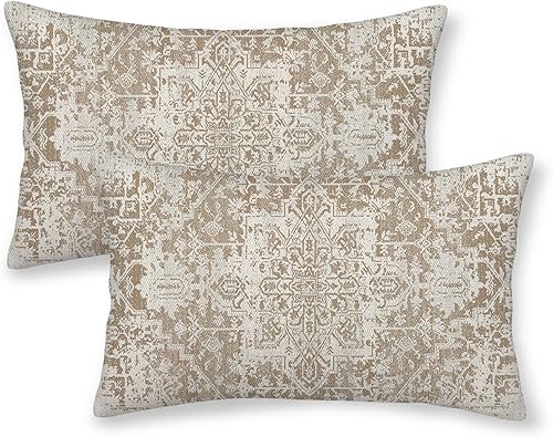Juego de 2 fundas de almohada bohemias de 12 x 20 pulgadas, patrón de alfombra marrón decorativas para exteriores, fundas de almohada de lino con