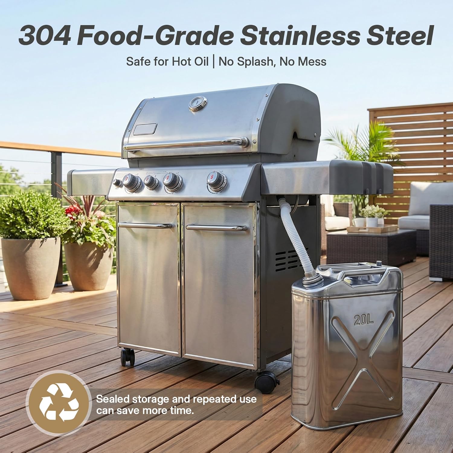 5.3 Gallon Large Cooking Oil Storage Container with Strainer Fryer Drain Hose, 304 Stainless Hot Oil Container for Kitchen, Grease Can & Water Jug for Restaurant, Dining Car, Picnic, Camping