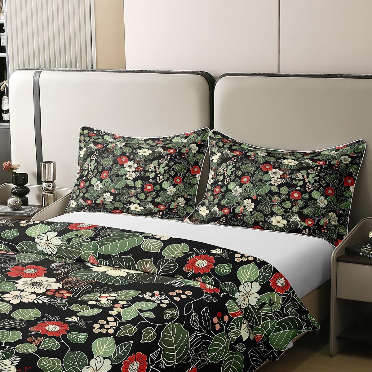 Homewish Set di biancheria da letto con copripiumino matrimoniale in cotone naturale con fiori verdi e neri, romantico, per ragazze e donne, adulti, caldo e morbido