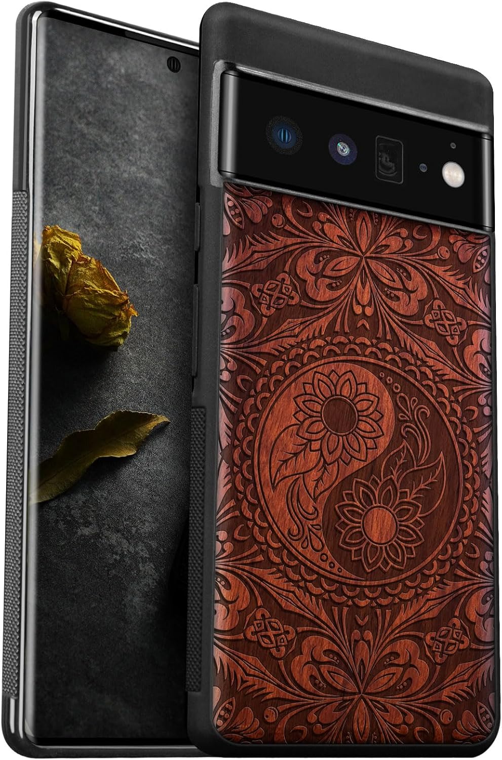 Carveit Wood Case for Pixel 6 Pro Case [Natural Wood & Black Soft TPU] Shockproof Protective Unique Wooden Cover Compatible with Google Pixel 6 Pro (The Spirograph Mandala Mosaic-Rosy)