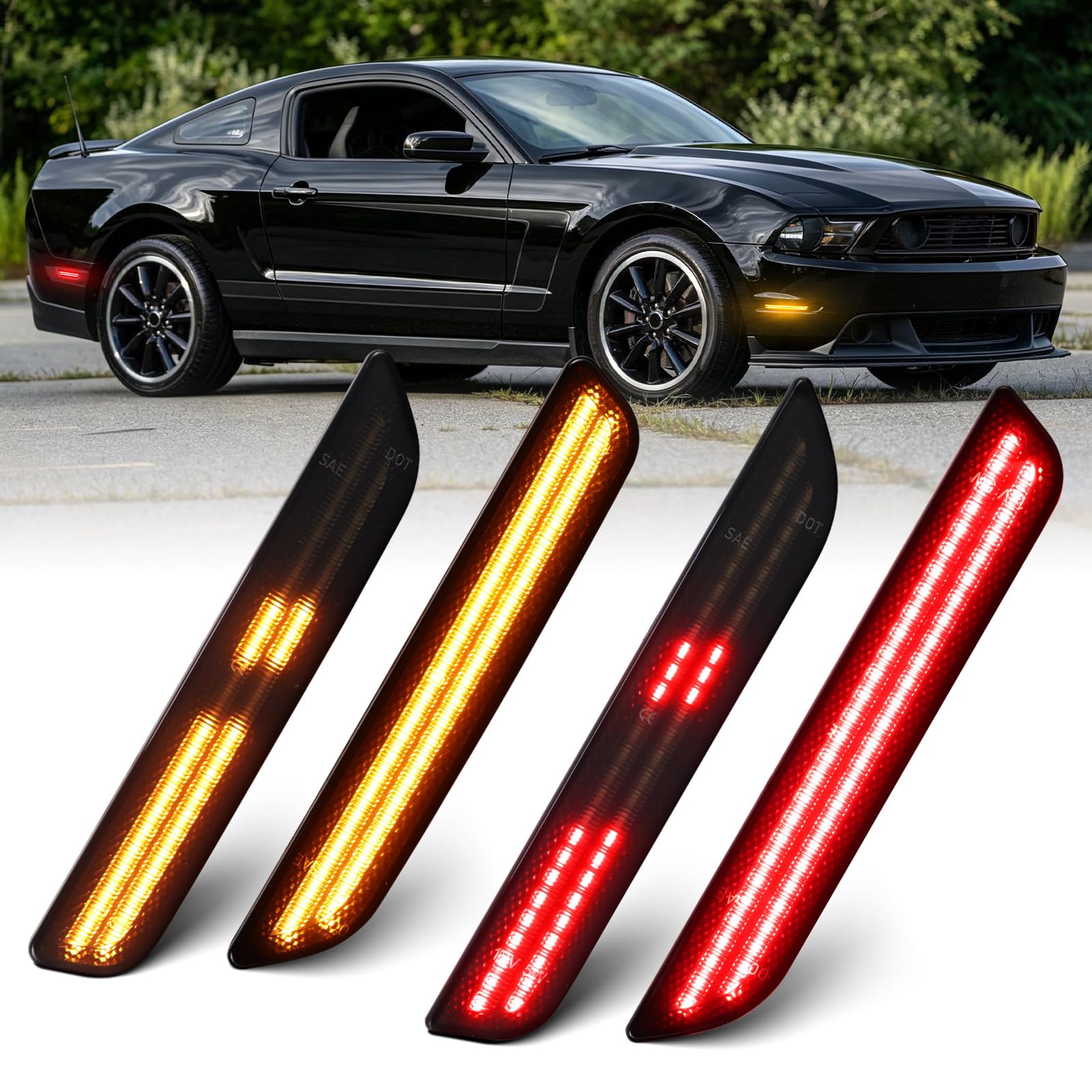 Dynamic Sequential Amber Red LED Side Marker Lights for Ford Mustang 2010 2011 2012 2013 2014 Front Rear Bumper Reflector Indicator Assembly, Smoked Lens