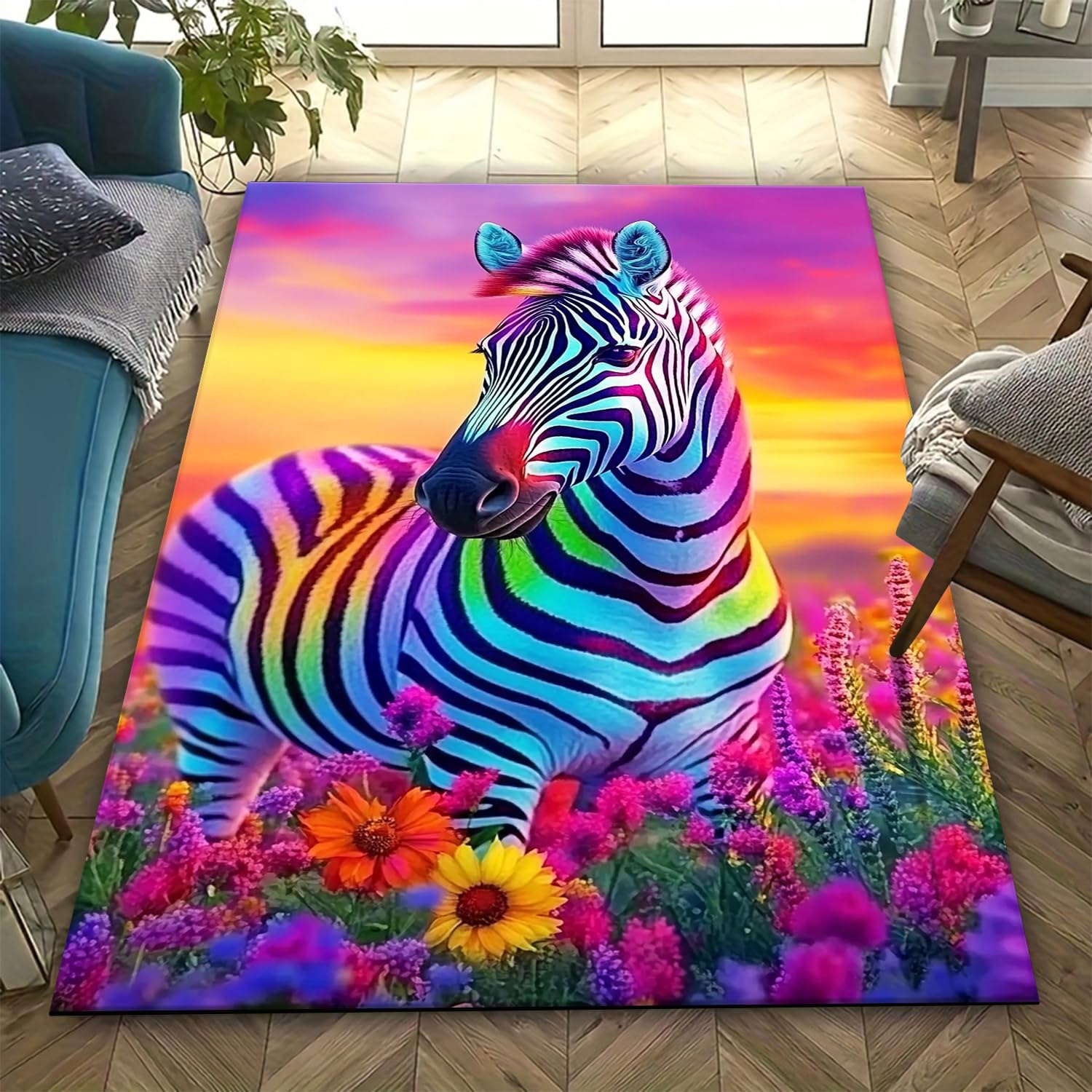 Tapis de salon zèbre 120 x 160 cm imprimé 3D antidérapant pour couloir et chambre