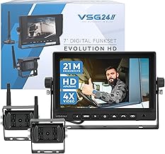 VSG24 7“ Evolution HD Funk Rückfahrsystem für Wohnmobil & LKW, KFZ Set kabellos inkl. 2X Rückfahrkamera + Monitor, einfach zum DIY Nachrüsten 12V-24V, Kamera digital, Auto Rückspiegel Einparkhilfe