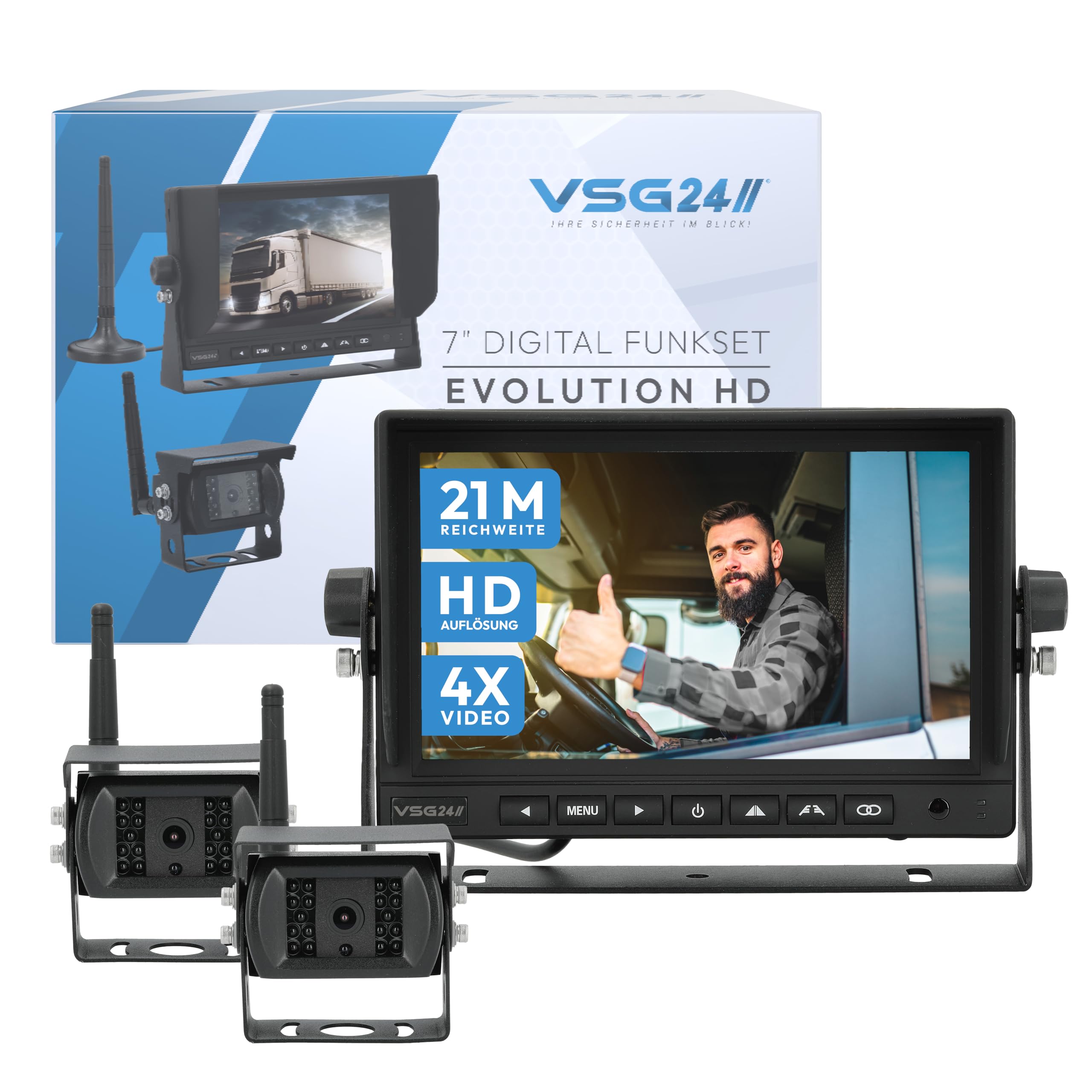 VSG24 24543 - Cámara de visión Trasera 7" HD inalámbrica con 2 cámaras Autocaravana y camión hasta 21 Metros - Visión Nocturna Impermeable 12V-24V / Sistema de Marcha atrás como Ayuda al Aparcamiento