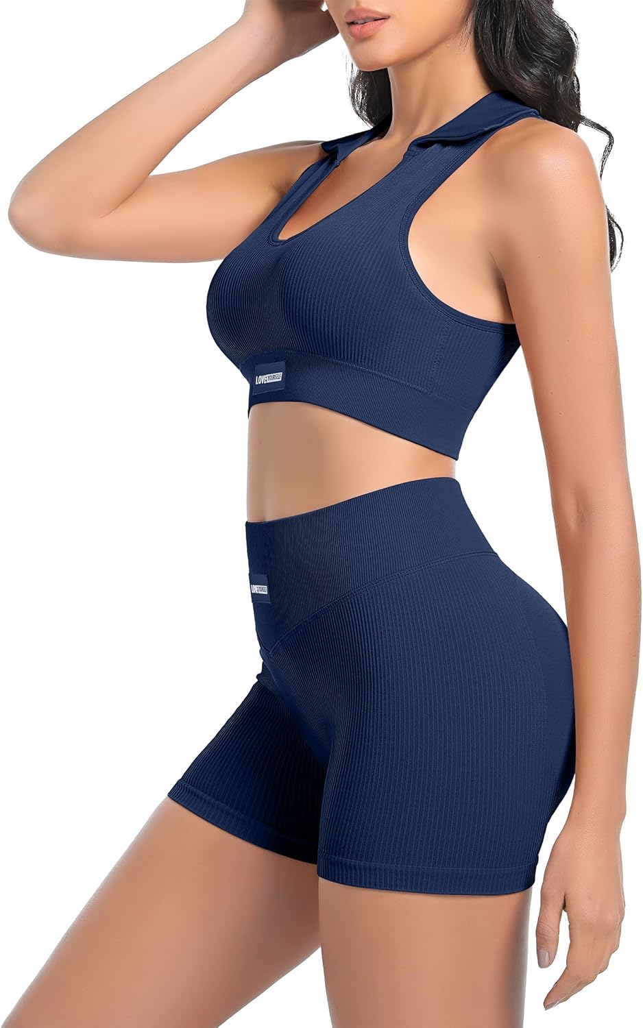 Workout Sets Women 2 Piece Seamless Ribbed Stretch Polo Collar Sports Bra Scrunch Butt Lifting Workout Shorts - Image 4